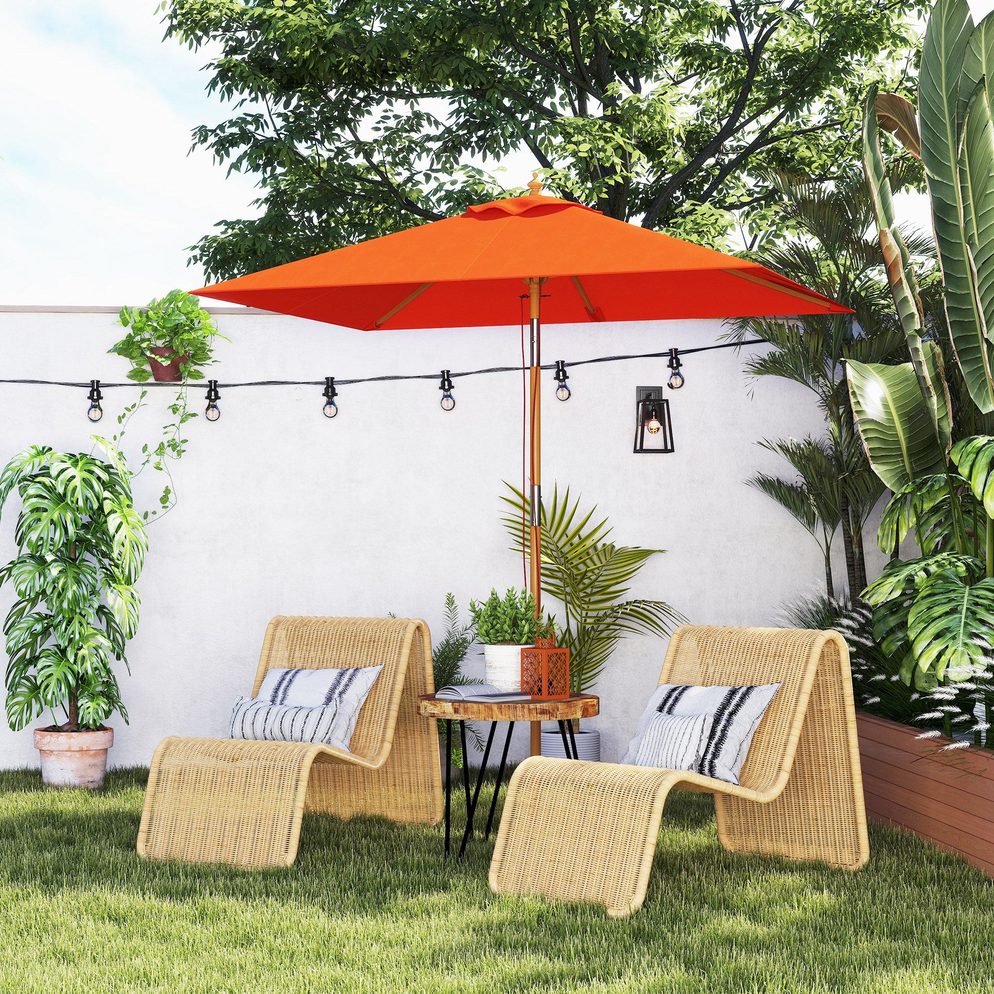 Outsunny 2m Tilting Wooden Pole Parasol - Orange - North Peak Garden Furniture