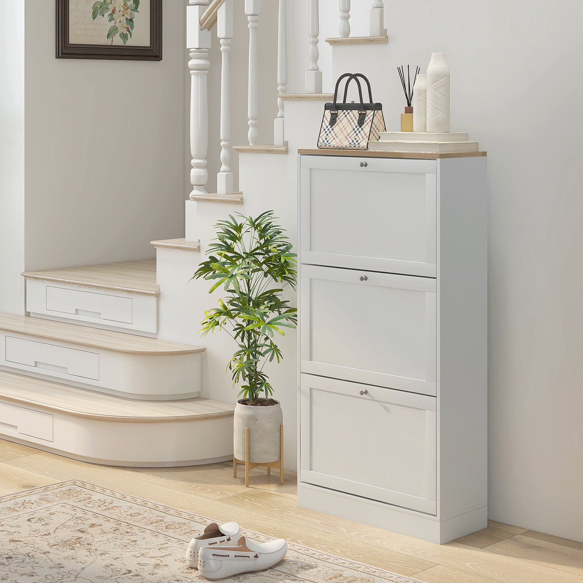 HOMCOM Modern Compact Three-Drawer Shoe Storage Cabinet - White - North Peak Garden Furniture