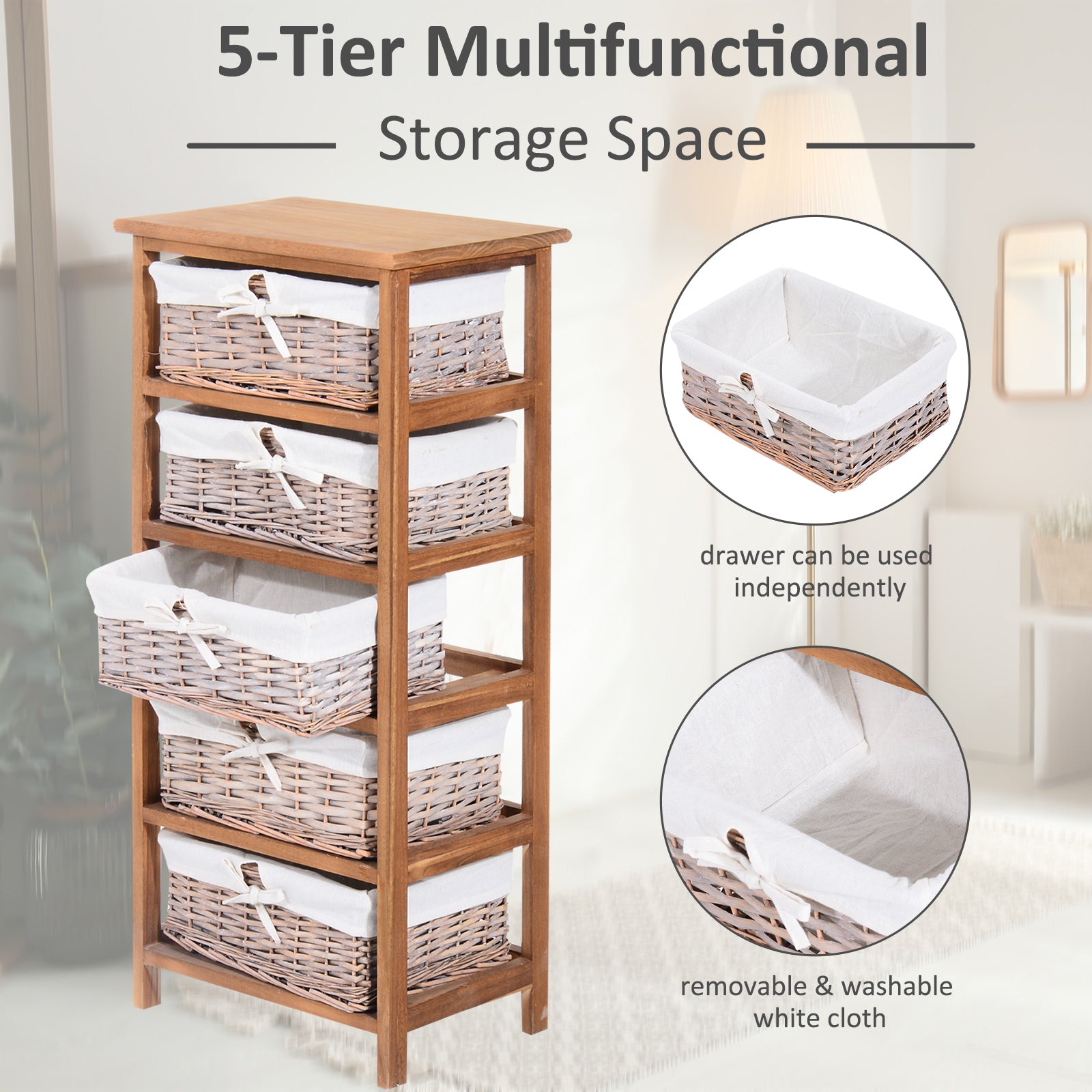HOMCOM 5 Drawer Dresser Wicker Basket Storage Shelf Unit Wooden Frame Home Organisation Cabinet Bedroom Office Furniture Natural Finish - North Peak Garden Furniture