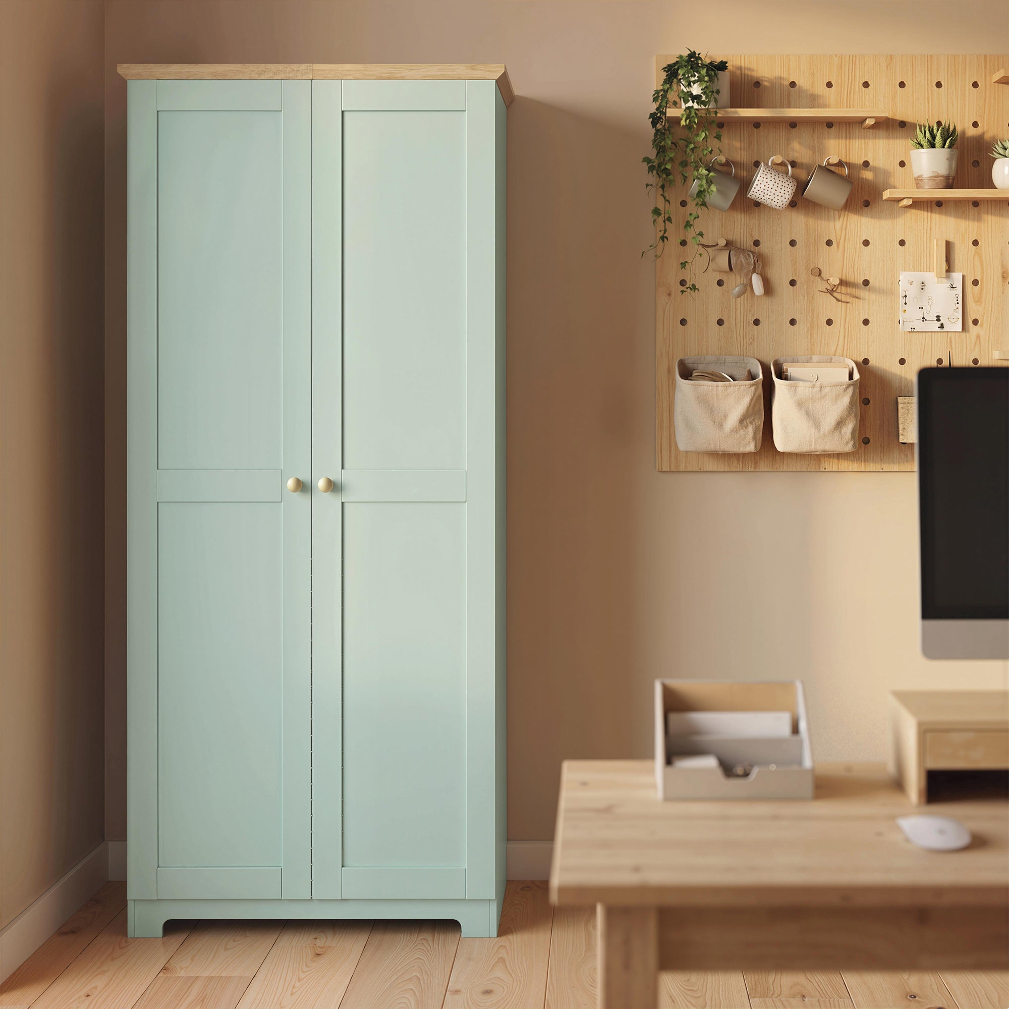 HOMCOM Kitchen Cupboard, 172cm Freestanding Storage Cabinet with Doors and Shelves, Light Green
