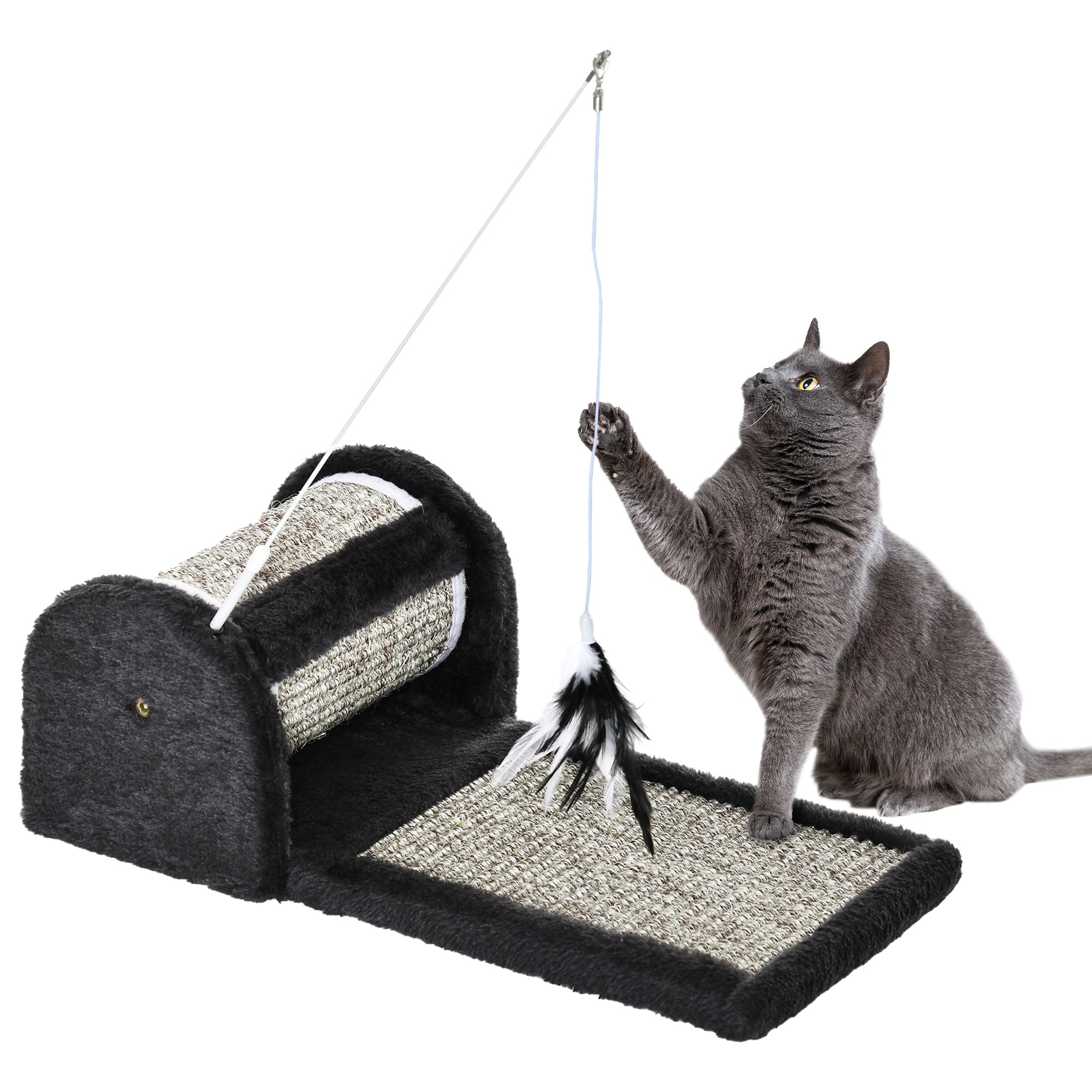 PawHut Cat Scratcher, Sisal Cat Scratching Board Mat Pad with Roller, Feather Toy, 44 x 24 x 16 cm, Grey