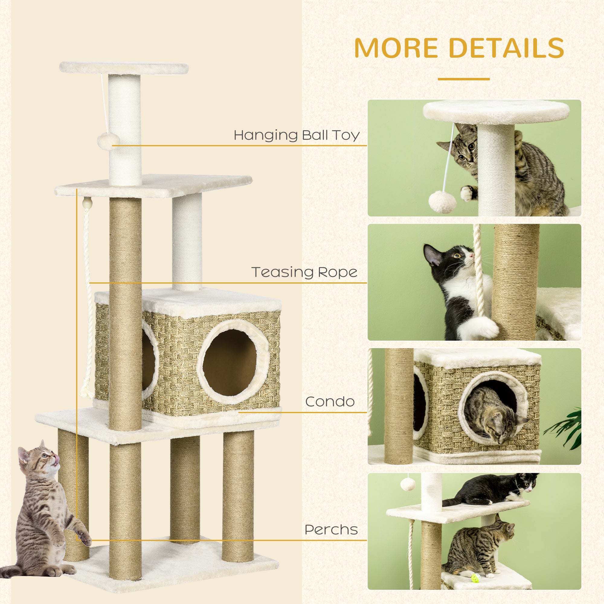 PawHut Cat Tree, with Scratching Post, Cat House & Hanging Toy Ball - Beige - North Peak Garden Furniture
