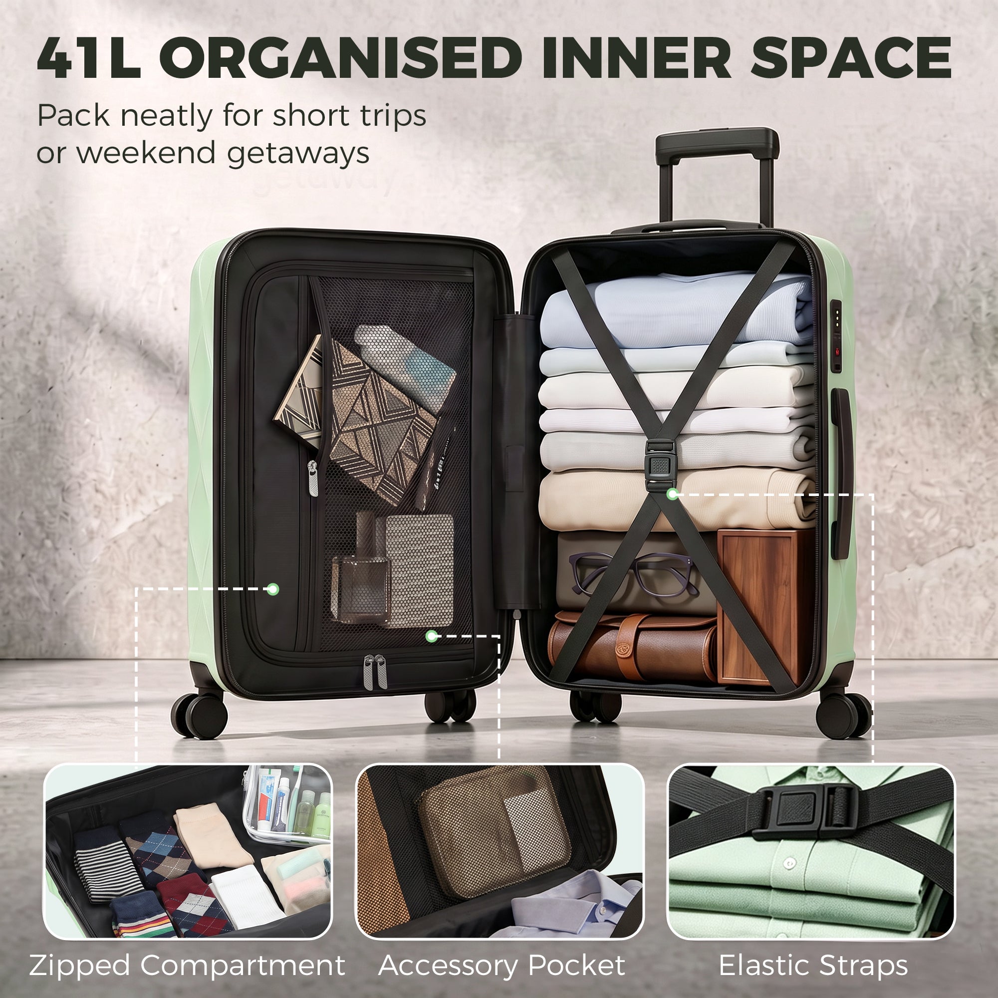 HOMCOM 56cm 41L Suitcase, Lightweight ABS Hard Shell Carry On Luggage with TSA Lock, Spinner Wheels, Telescopic Handle, Green