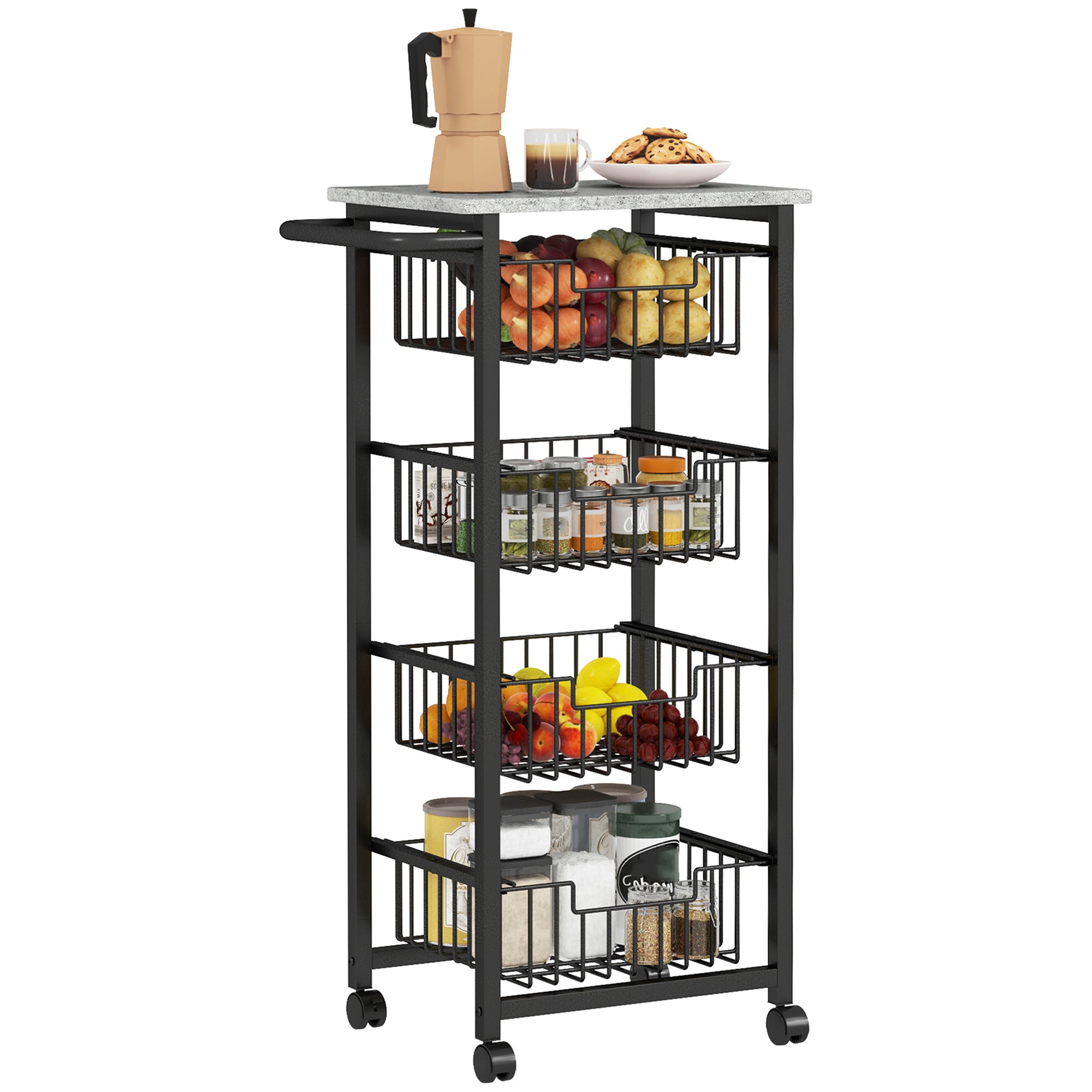 HOMCOM Four Basket Mobile Kitchen Island, with Brakes - Grey/Black - North Peak Garden Furniture