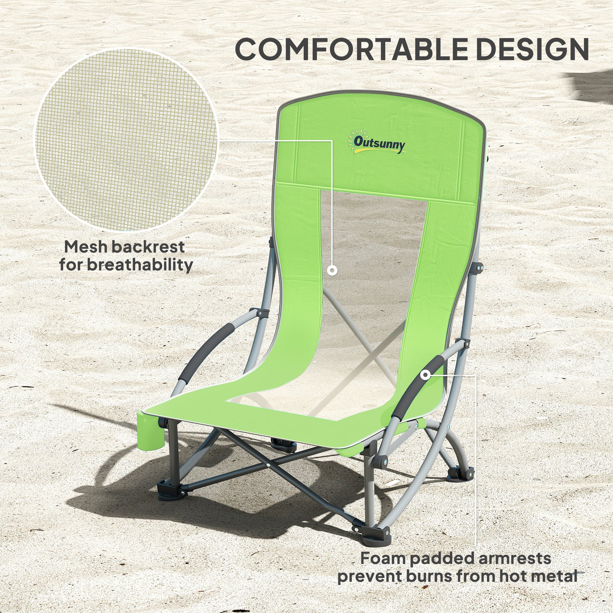 Outsunny Set of 2 Folding Beach Chair, Low Camping Chair with Mesh Back, Carry Bag and Cup Holder for Garden Outdoor Picnic Festival Travel, Green - North Peak Garden Furniture
