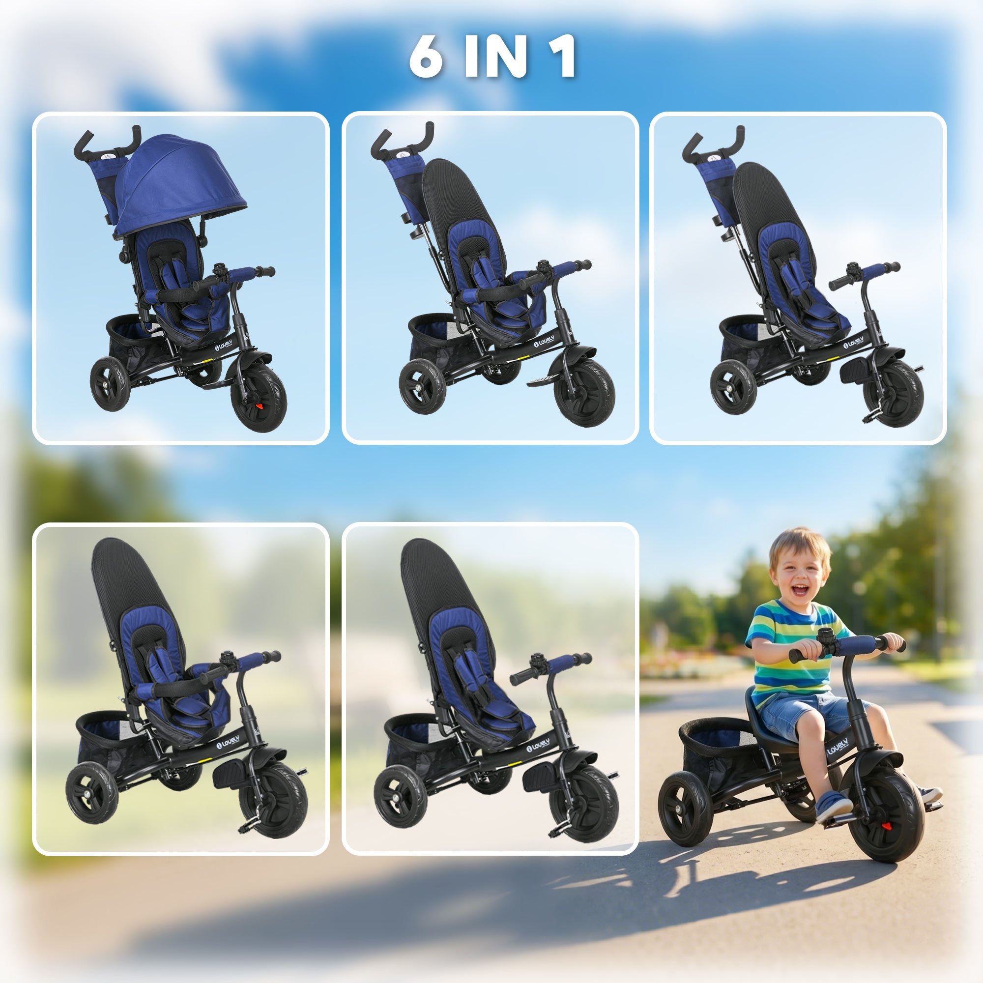 HOMCOM 6 in 1 Kids Trike Push Bike w/ Push Handle, Canopy, 5-point Safety Belt, Storage, Footrest, Brake, for 1-5 Years, Blue