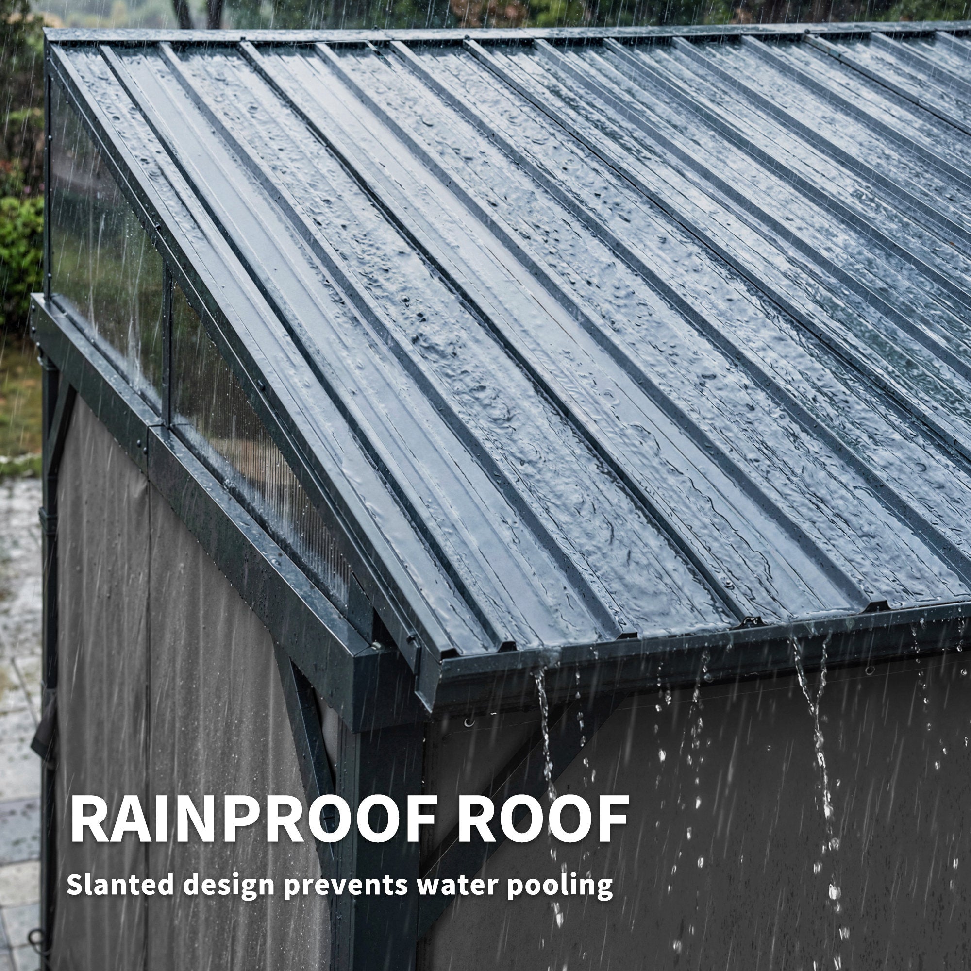 Outsunny 4.3 x 3 m Garden Pergola with Galvanised Steel Roof, Lean to Pergola Gazebo with Netting Curtains, Dark Grey