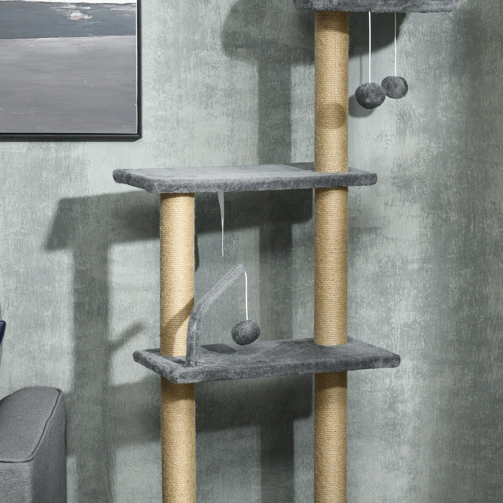 PawHut Floor to Ceiling Cat Tree for Indoor Cats, 6-Tier Play Tower Climbing Activity Center with Scratching Post, Platforms, Bed, Hammock, Adjustable Height 230-250cm, Grey - North Peak Garden Furniture