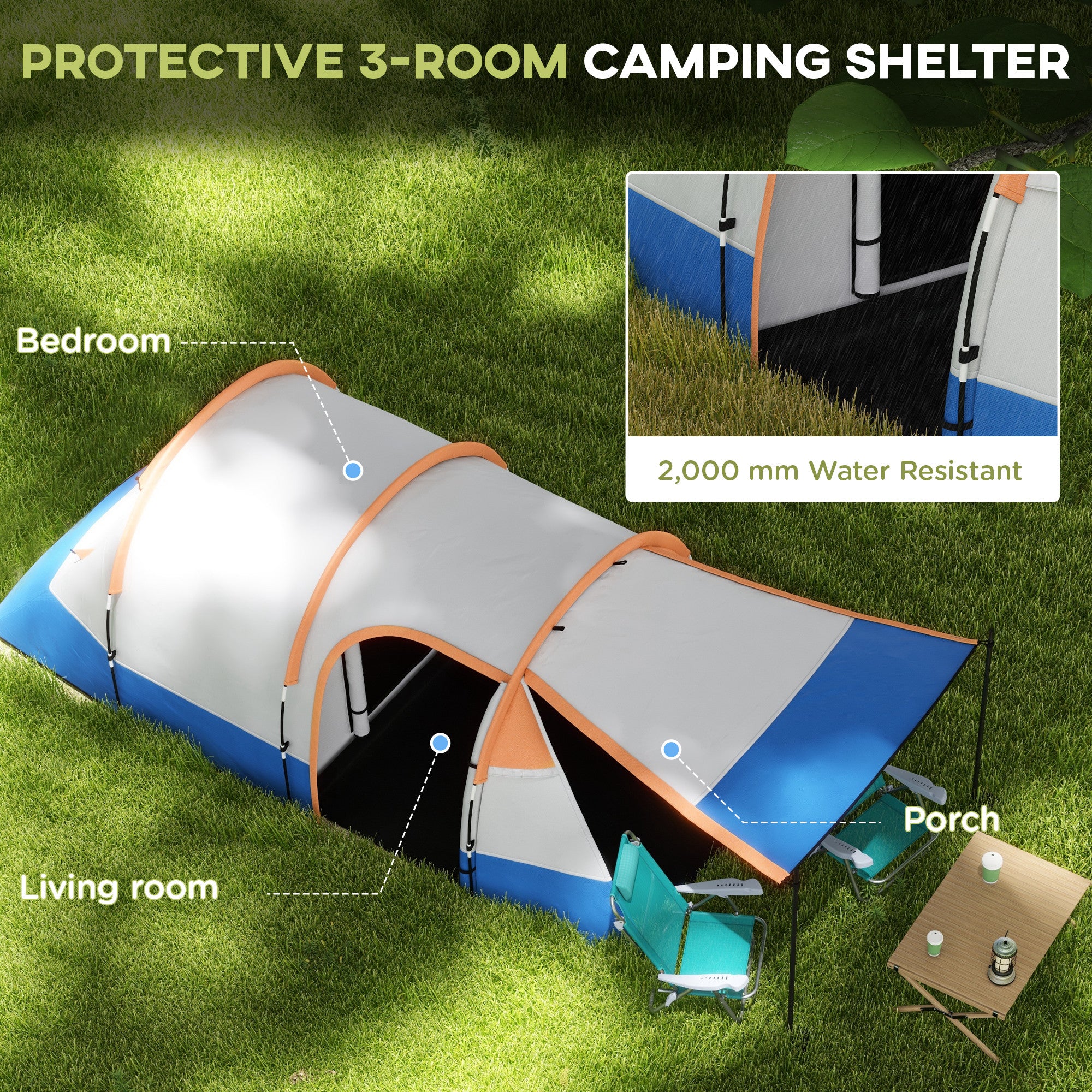 Outsunny Camping Tent, Large Tunnel Tent with Bedroom and Living Area, 2000mm Waterproof, Portable with Bag for 2-3 Man, Orange