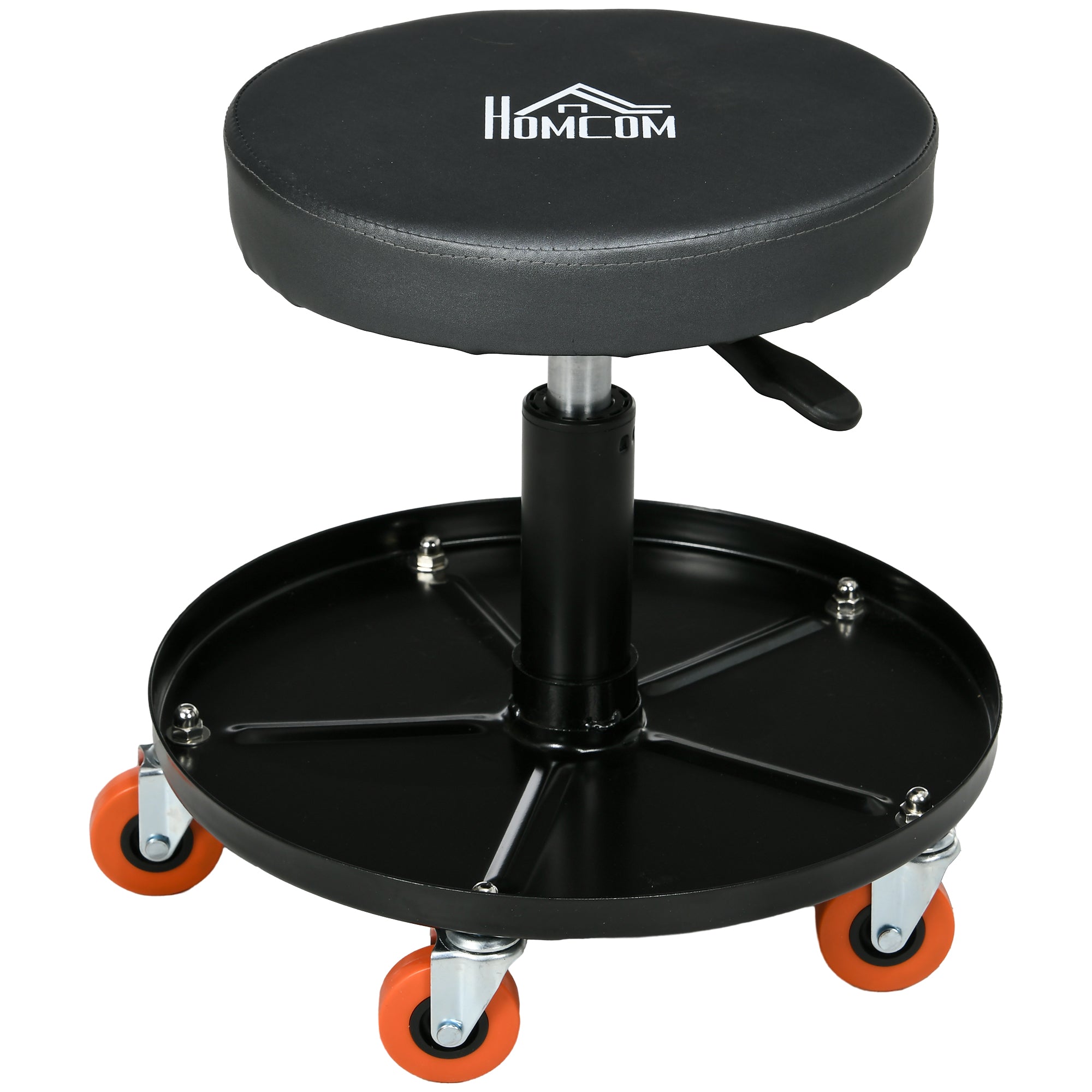 HOMCOM Workshop Stool, Pneumatic Adjustable Mechanic Stool, with Tool Tray, Wheels - Black - North Peak Garden Furniture