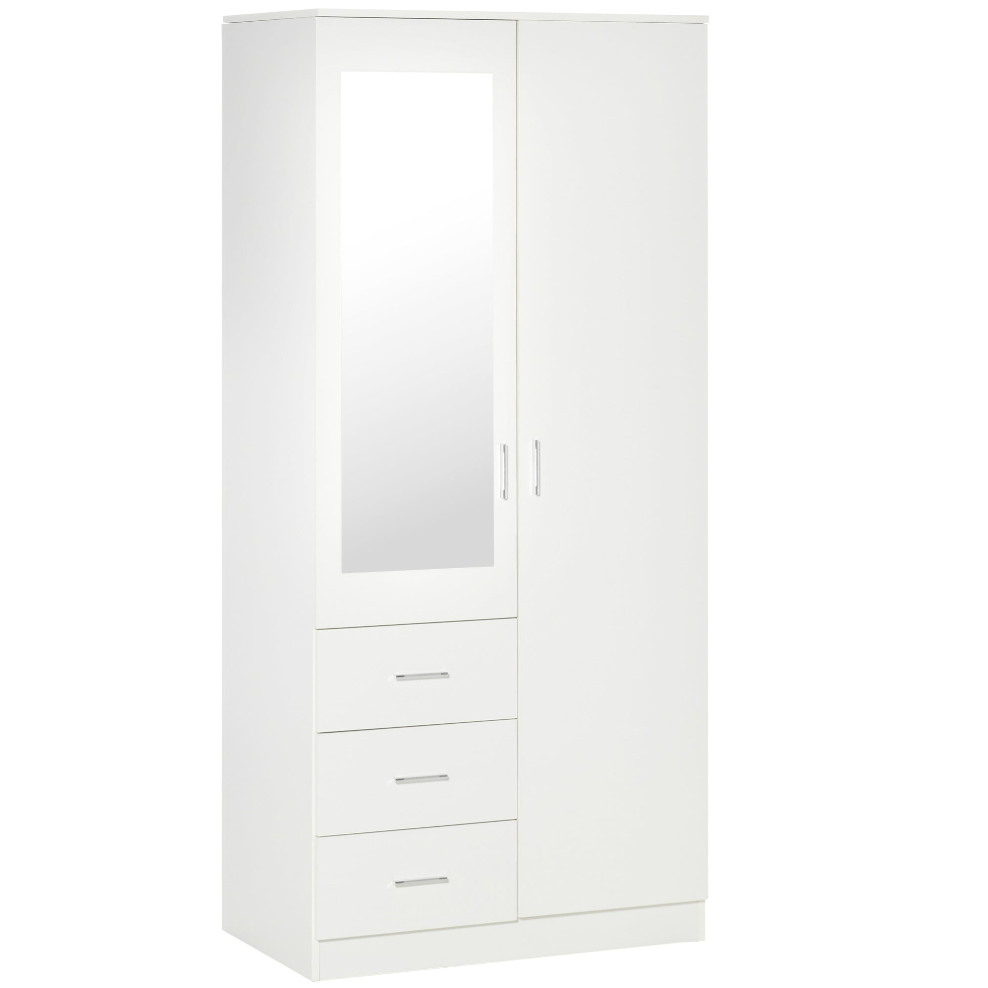 HOMCOM Modern Mirror Wardrobe 2 Door Storage Cupboards Home Storage Organisation Furniture with Adjustable Shelf, Hanging Rail and 3 Drawers, 180cm, White - North Peak Garden Furniture
