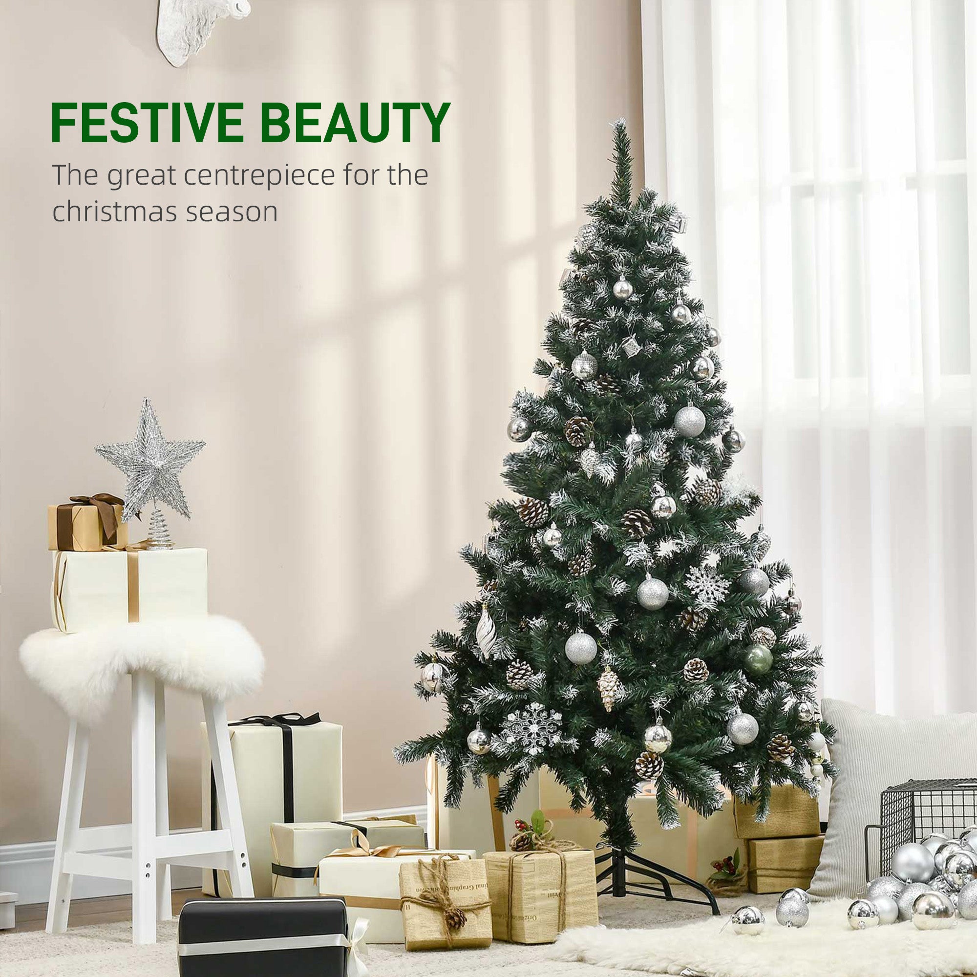 HOMCOM 5FT Artificial Christmas Tree with Pine Cones, Holiday Home Xmas Decoration Automatic Open, Green - North Peak Garden Furniture