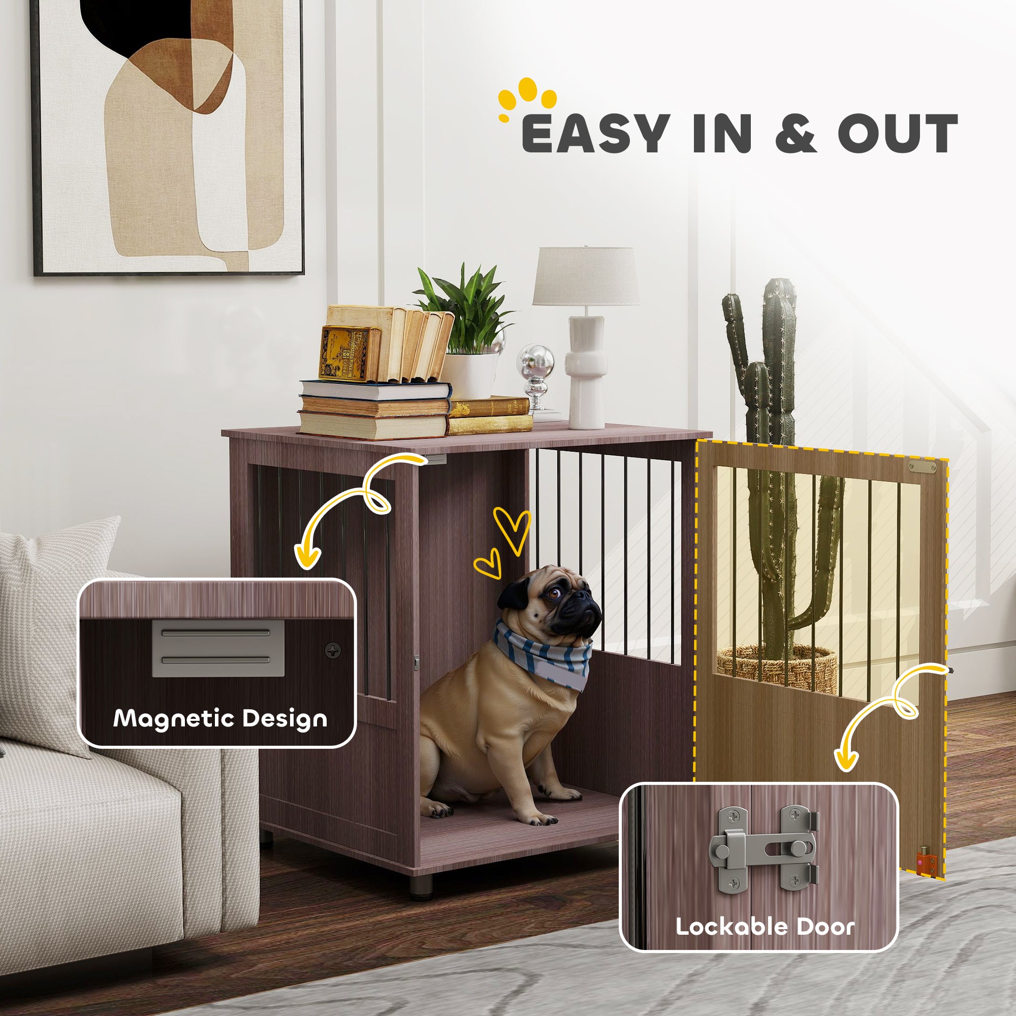 PawHut Dog Crate Table for Medium and Large Dogs with Magnetic Door for Indoor Use, 60 x 55 x 70 cm, Purple - North Peak Garden Furniture