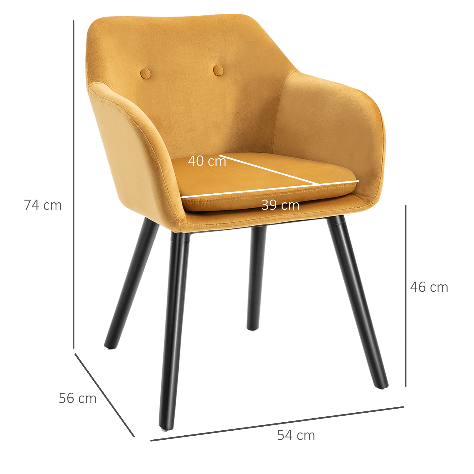 HOMCOM Dining Chairs Set of 2 Modern Upholstered Fabric Velvet-Touch Leisure Chairs with Backrest and Armrests, Lounge Reception Chairs for Home Office Kitchen Counter, Yellow - North Peak Garden Furniture