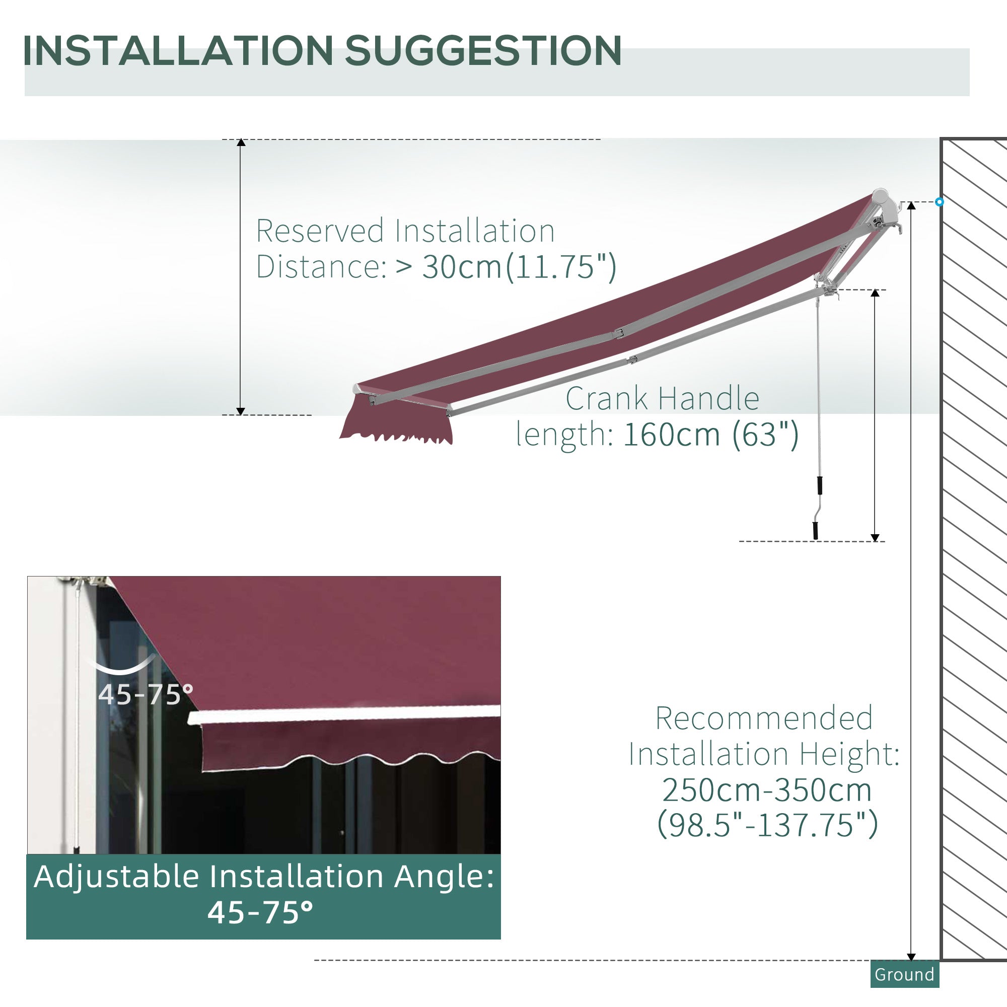 Outsunny Manual Retractable Awning, 3x2.5m Sun Shade Canopy for Garden Patio, UV Protection, Red