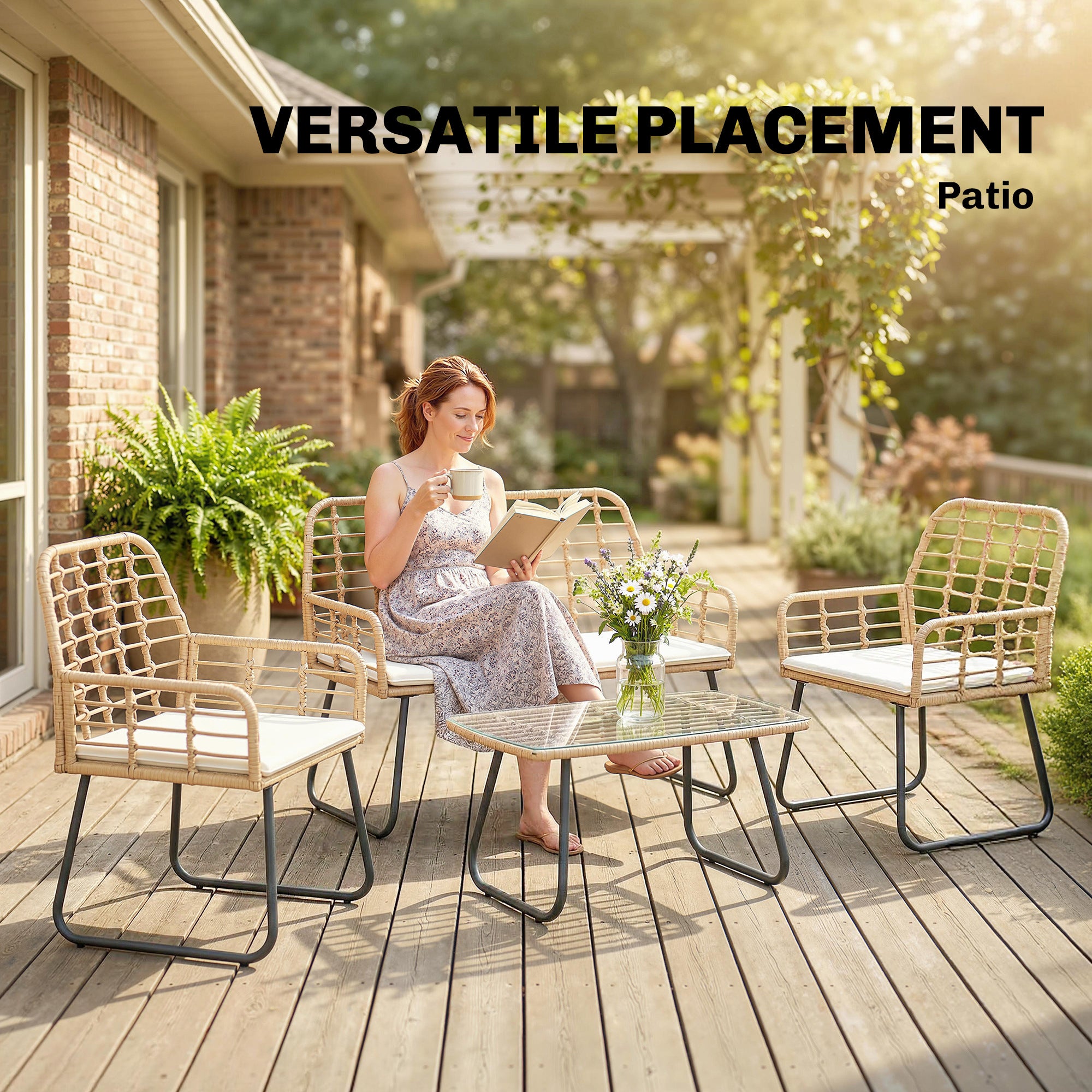 Outsunny 4 Piece Rattan Garden Furniture Set, Outdoor Patio Furniture with Loveseat, Armchairs and Coffee Table