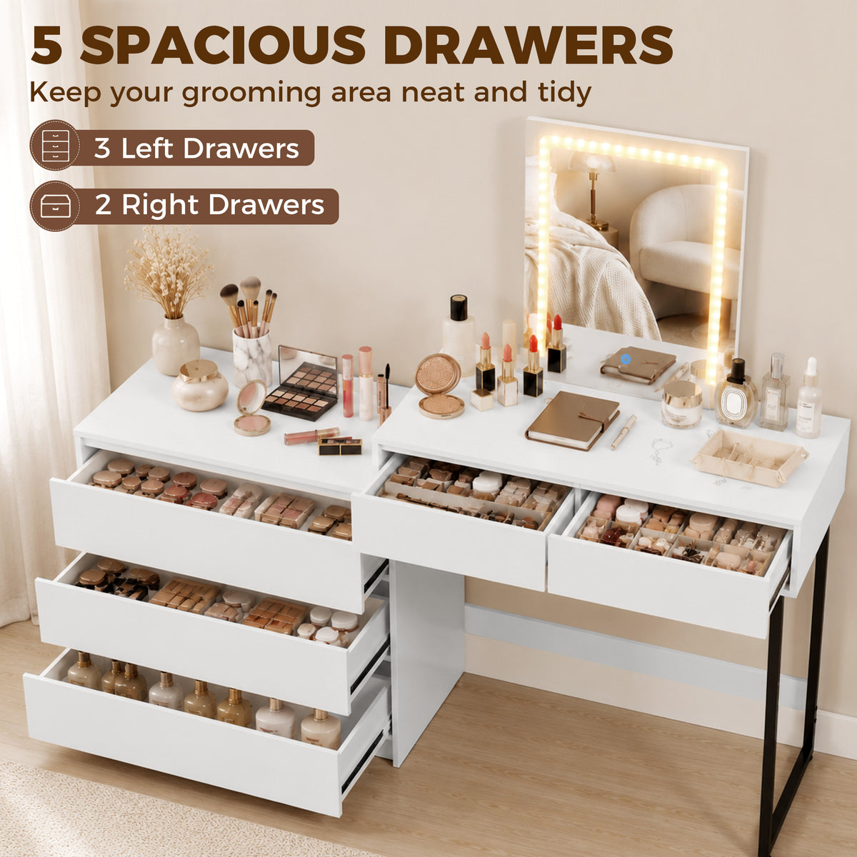 HOMCOM Vanity Makeup Desk LED Mirror Dressing Table Large Storage 5 Drawers White