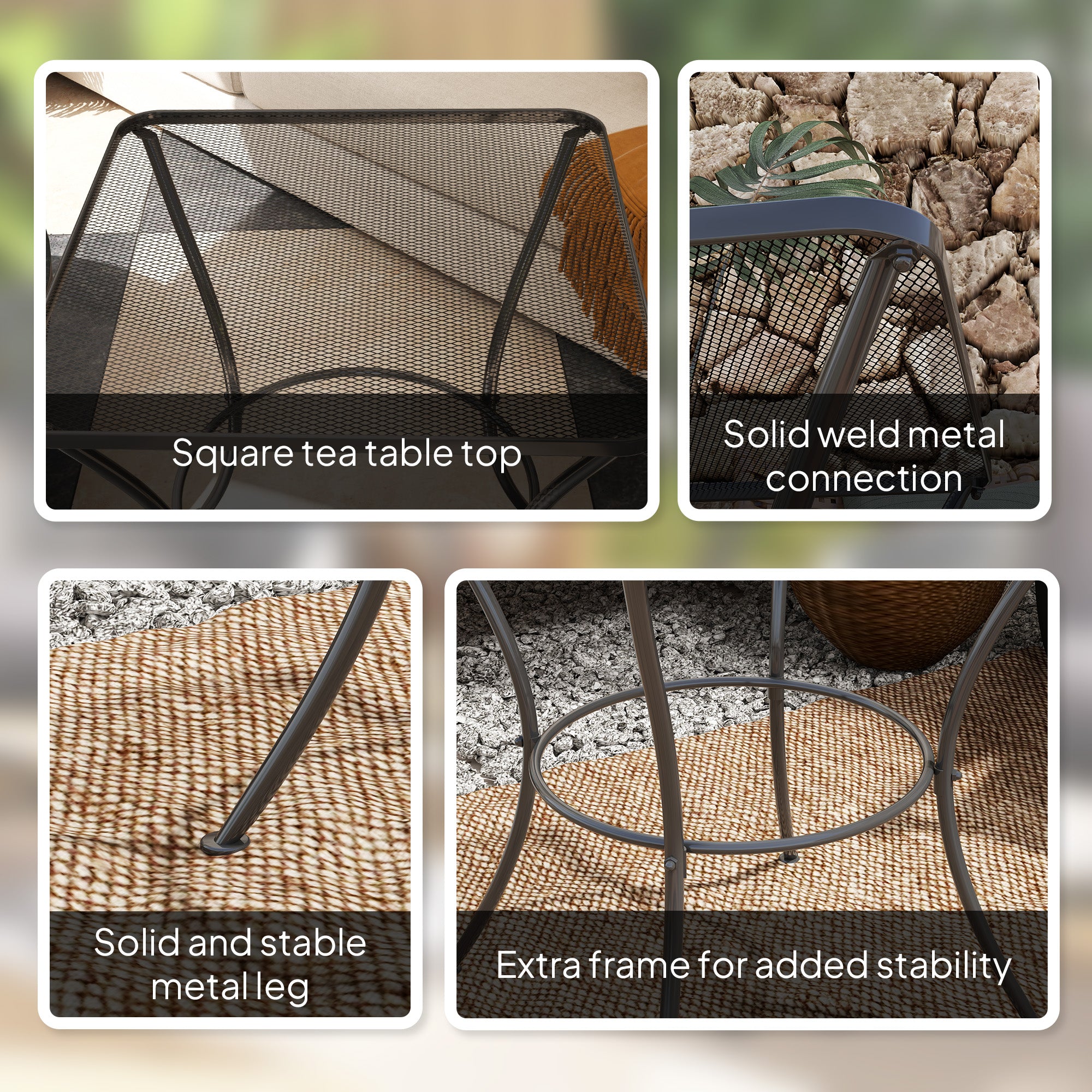 Outsunny 60cm Square Garden Table, Outdoor Metal Bistro Side Desk with Mesh Top, Black - North Peak Garden Furniture