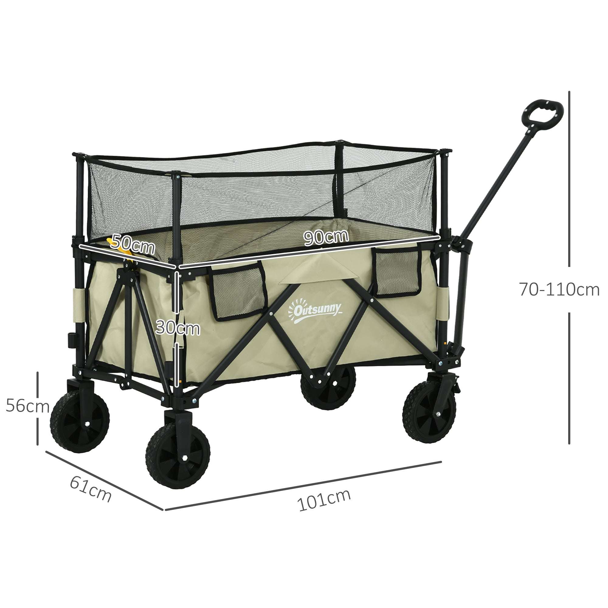 Outsunny Folding Garden Trolley, 180L Wagon Cart with Extendable Side Walls, for Beach, Camping, Festival, Khaki - North Peak Garden Furniture