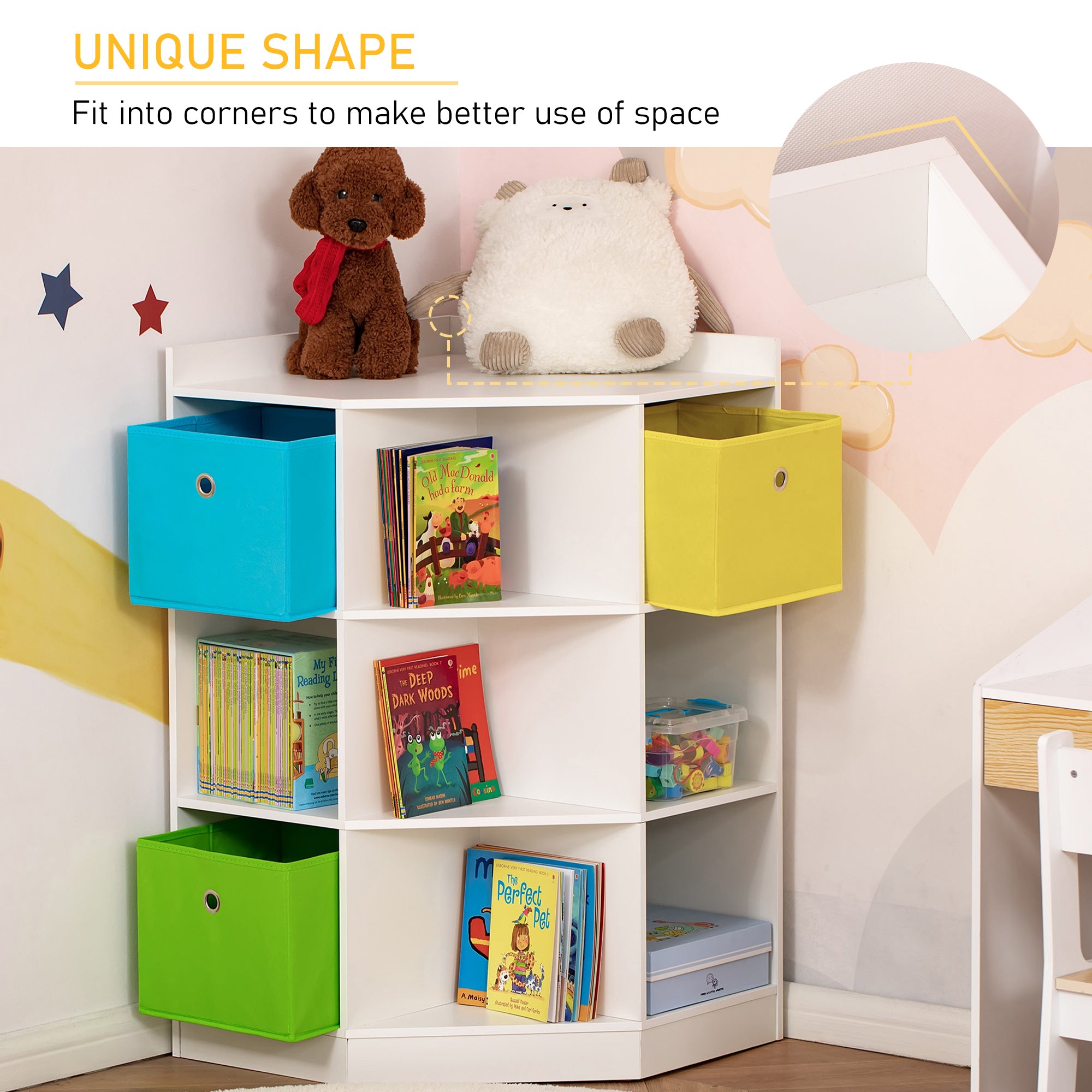 HOMCOM 3 Tier Kids Bookcase Toy Organiser Storage w/ 3 Fabric Drawers, White - North Peak Garden Furniture