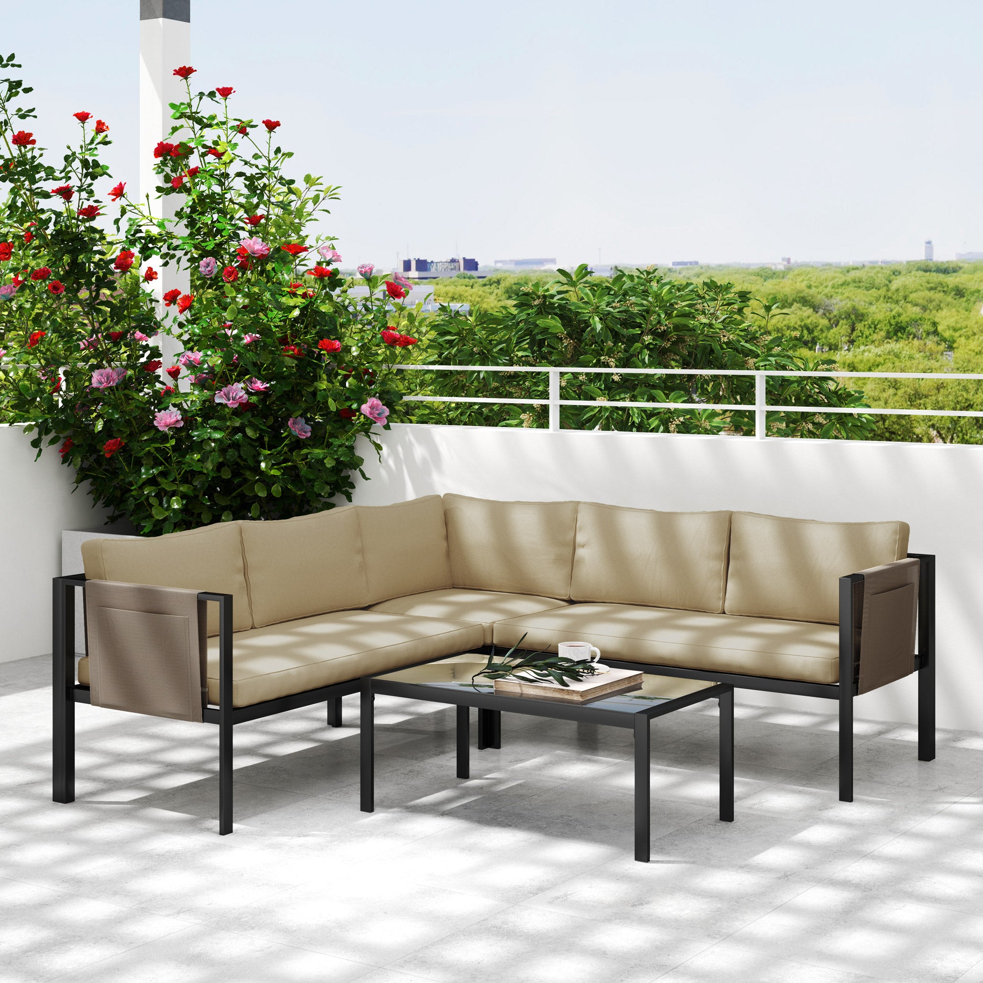 Outsunny 5 Seater Garden Corner Sofa Set, 4 Pieces Metal Garden Furniture Set with Loveseats, Glass Top Coffee Table, Breathable Mesh Pocket, Outdoor Conversation Furniture with Cushions, Khaki - North Peak Garden Furniture
