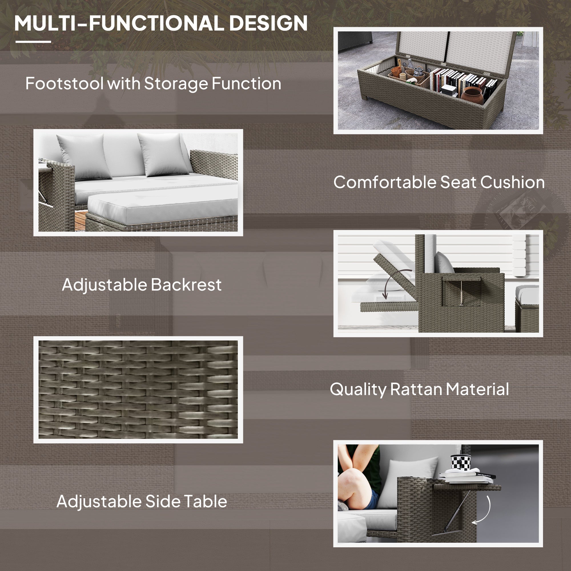 Outsunny Rattan Day Bed, with Footstool - Light Grey - North Peak Garden Furniture