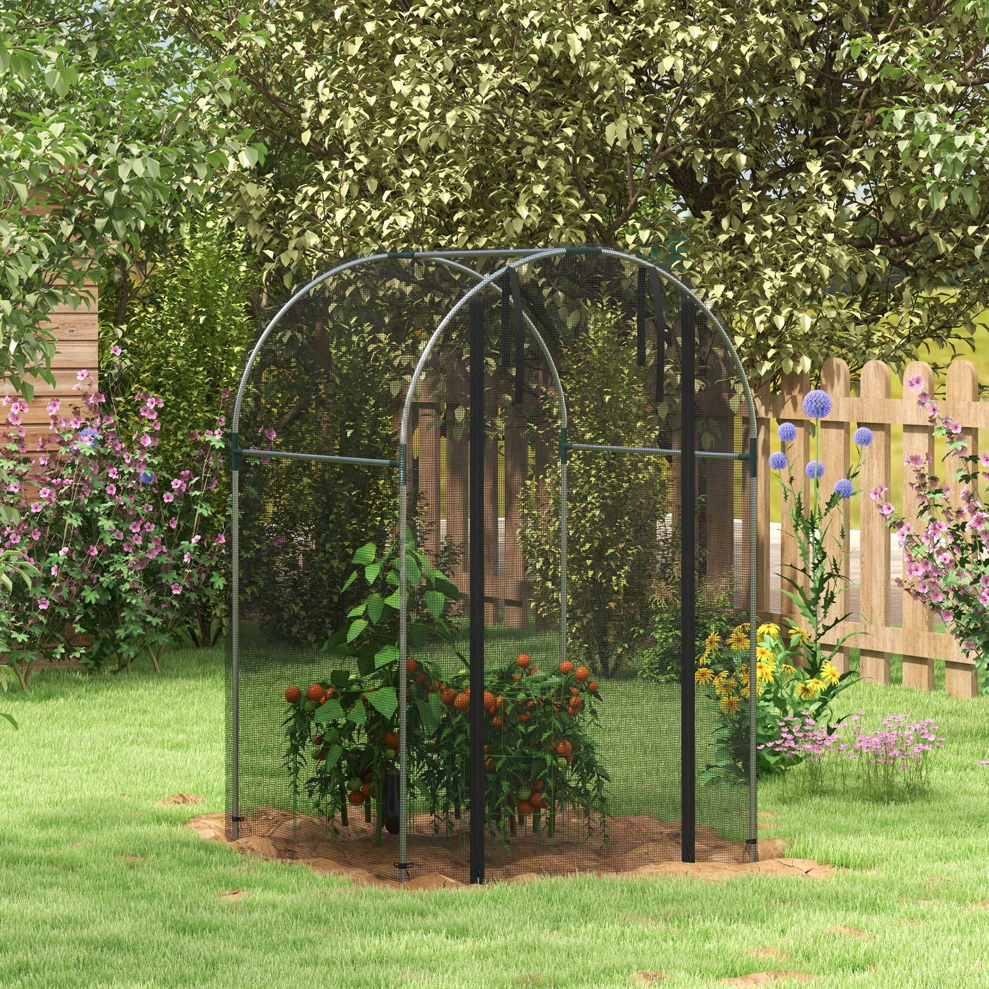 Outsunny Galvanised Steel Fruit Cage, Plant Protection Tent with Zipped Door, 1.2 x 1.2 x 1.9m, Black - North Peak Garden Furniture