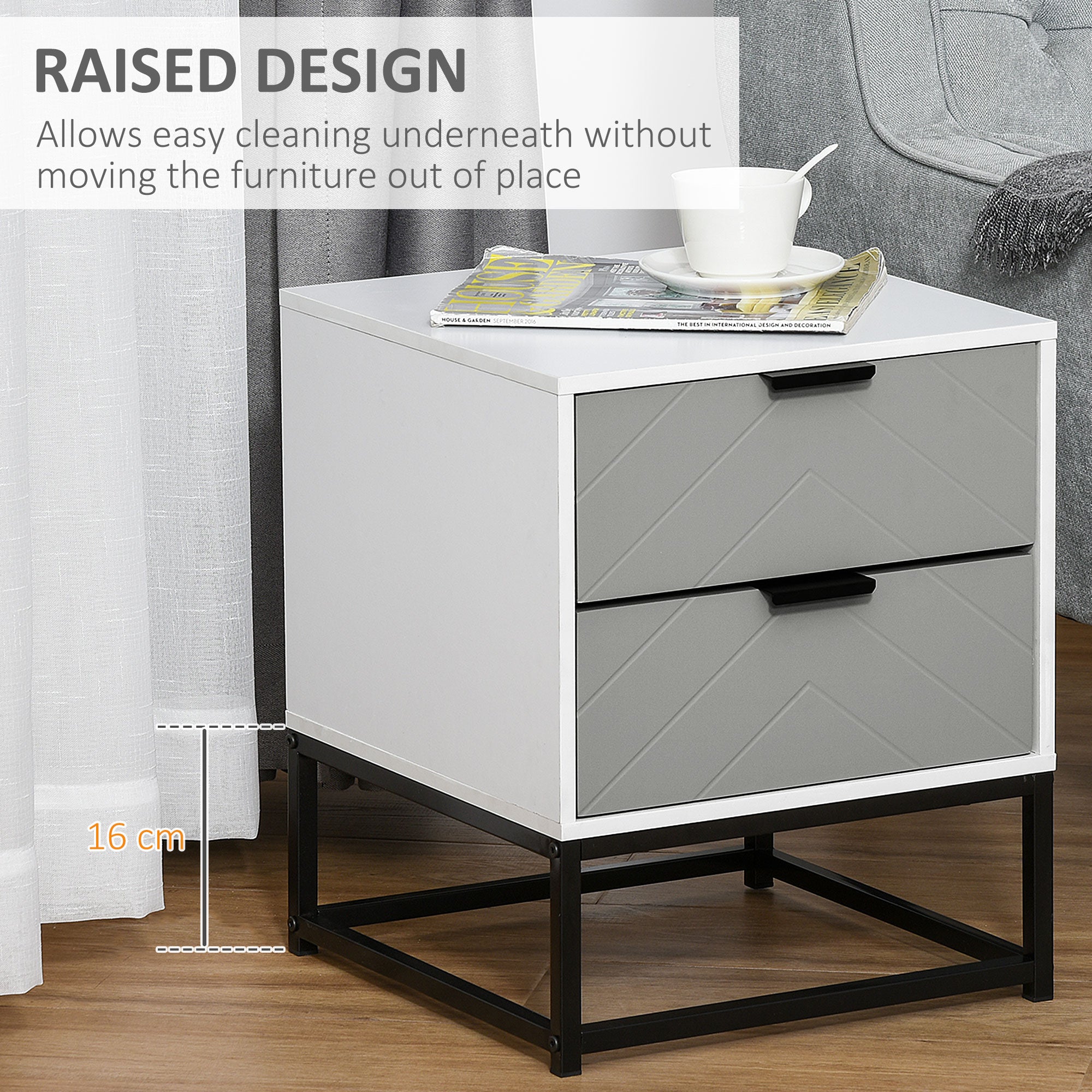 HOMCOM Bedside Cabinet, 2 Drawer Storage Unit with Unique Shape & Metal Base, Nightstand for Bedroom, Living Room, Study Room, Dorm