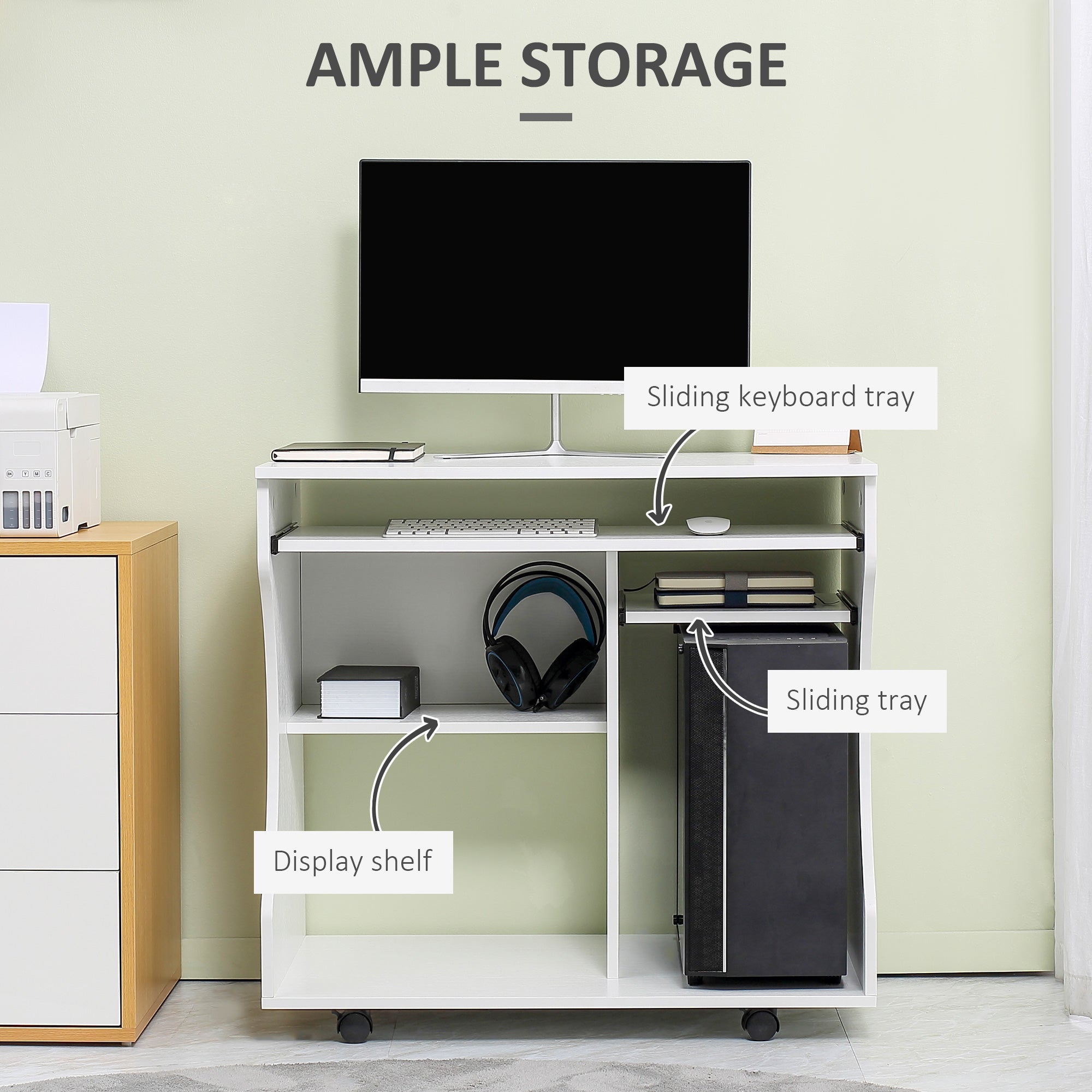 HOMCOM Multi-Storage Compact Work Desk, with Wheels - White - North Peak Garden Furniture