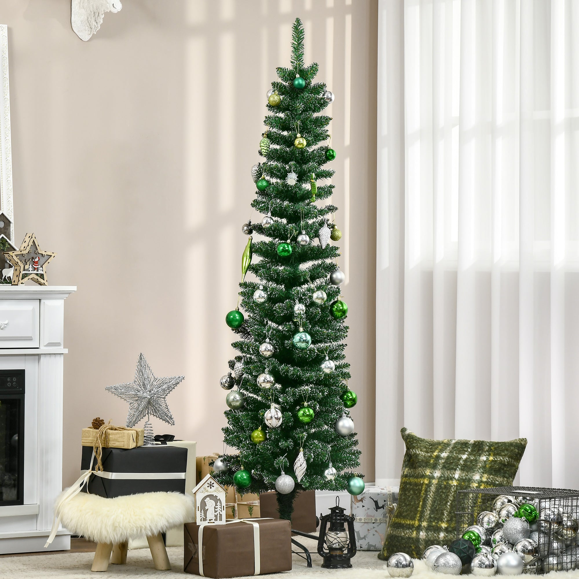 HOMCOM 5.5FT Artificial Snow Dipped Christmas Tree Xmas Pencil Tree Holiday Home Indoor Decoration with Foldable Black Stand, Green - North Peak Garden Furniture