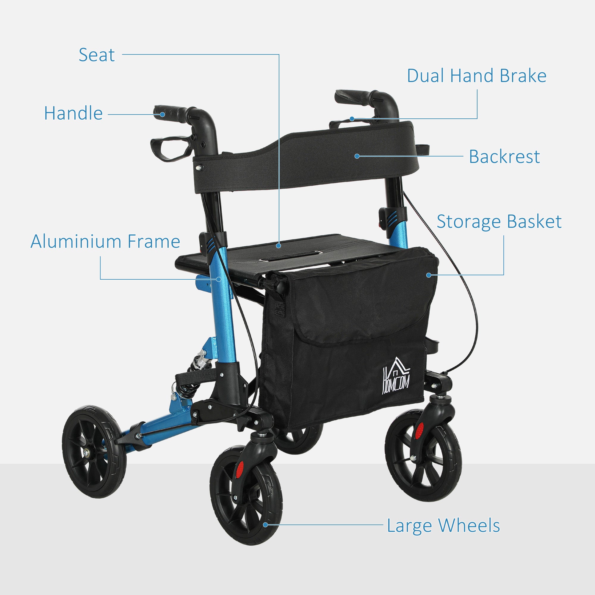 HOMCOM Folding Rollator Walker with Seat, Backrest, Lightweight Walking Frame with Storage Bag, Dual Brakes, Adjustable Handle Height, Suspension System, 4 Wheeled Walker for Seniors, Blue - North Peak Garden Furniture