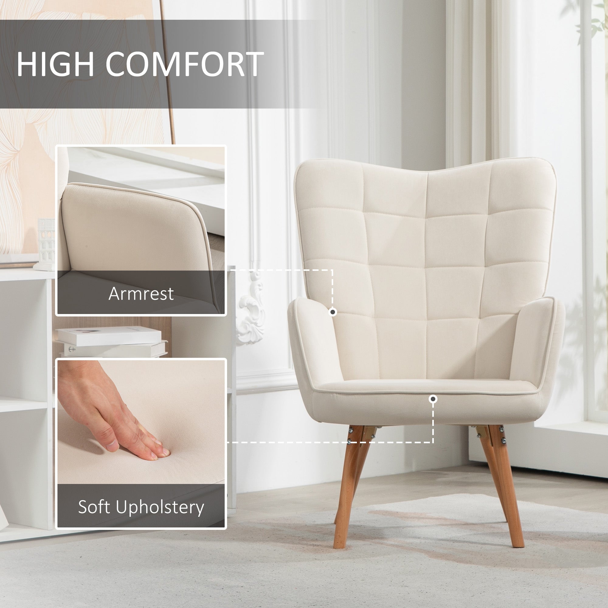 HOMCOM Modern Accent Chair Set of 2 Velvet-Touch Tufted Wingback Armchair Upholstered Leisure Lounge Sofa Club Chair with Wood Legs, Cream White