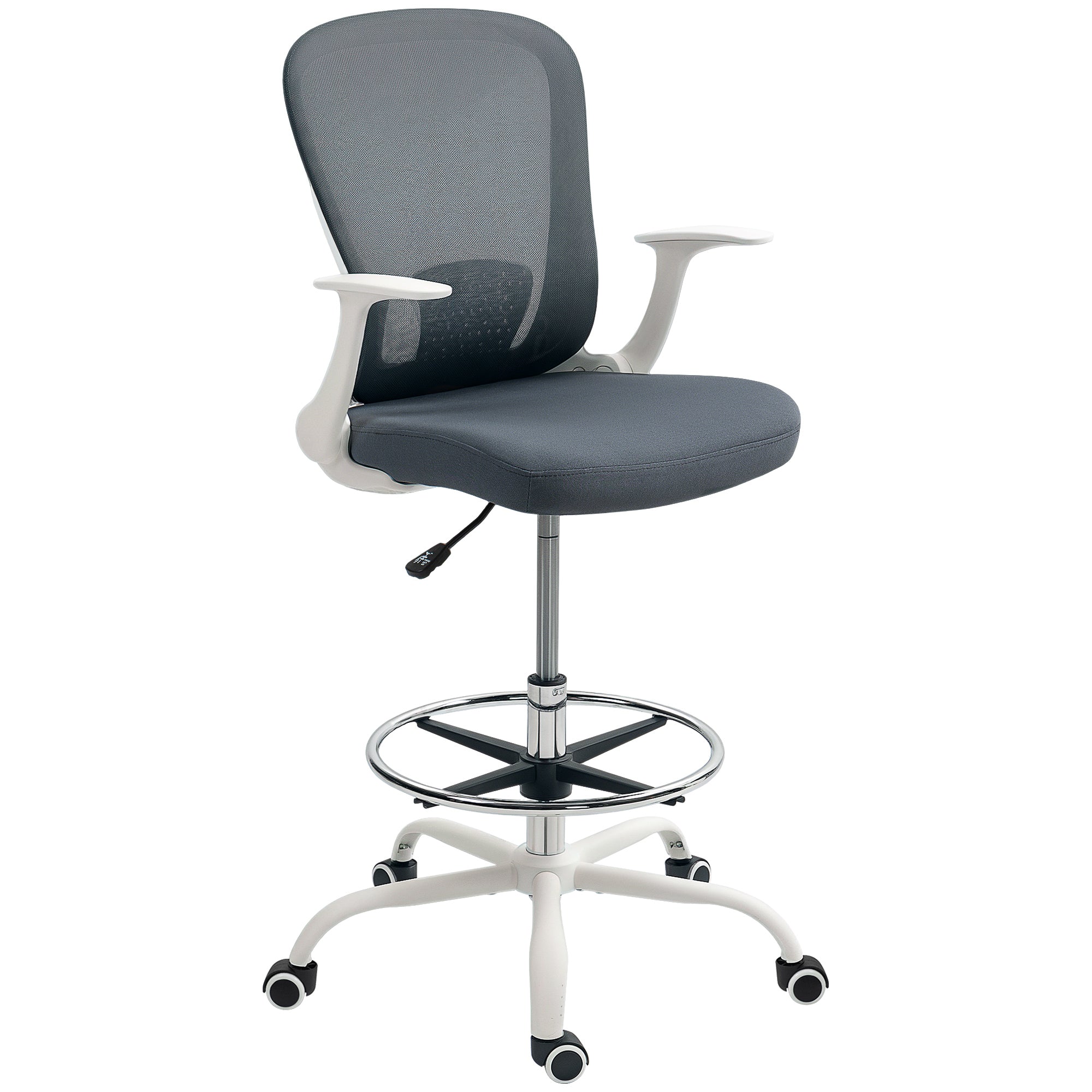 HOMCOM Draughtsman Chair, Mesh Drafting Chair, Ergonomic Office Chair with Flip-up Armrest, Adjustable Foot Ring, Grey - North Peak Garden Furniture
