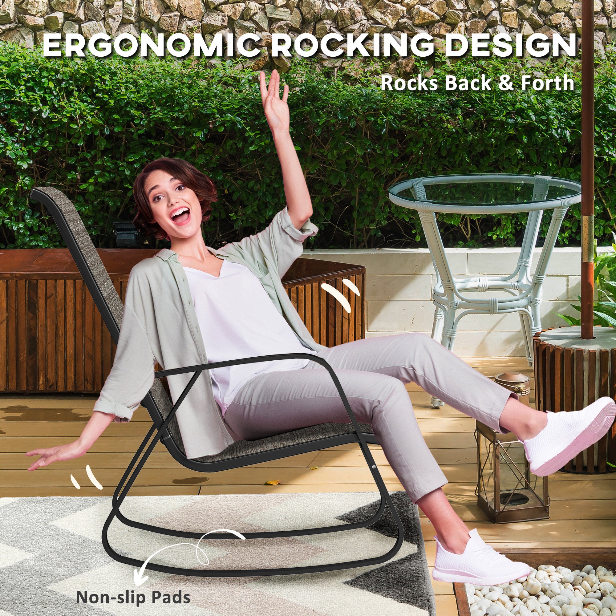 Outsunny Garden Rocking Chairs Set of 2, Ergonomic Outdoor Rocking Chairs with Armrests, High Backrest, Steel Frame Relaxing Rocker Armchair Seats for Patio, Balcony, Porch, Light Brown - North Peak Garden Furniture