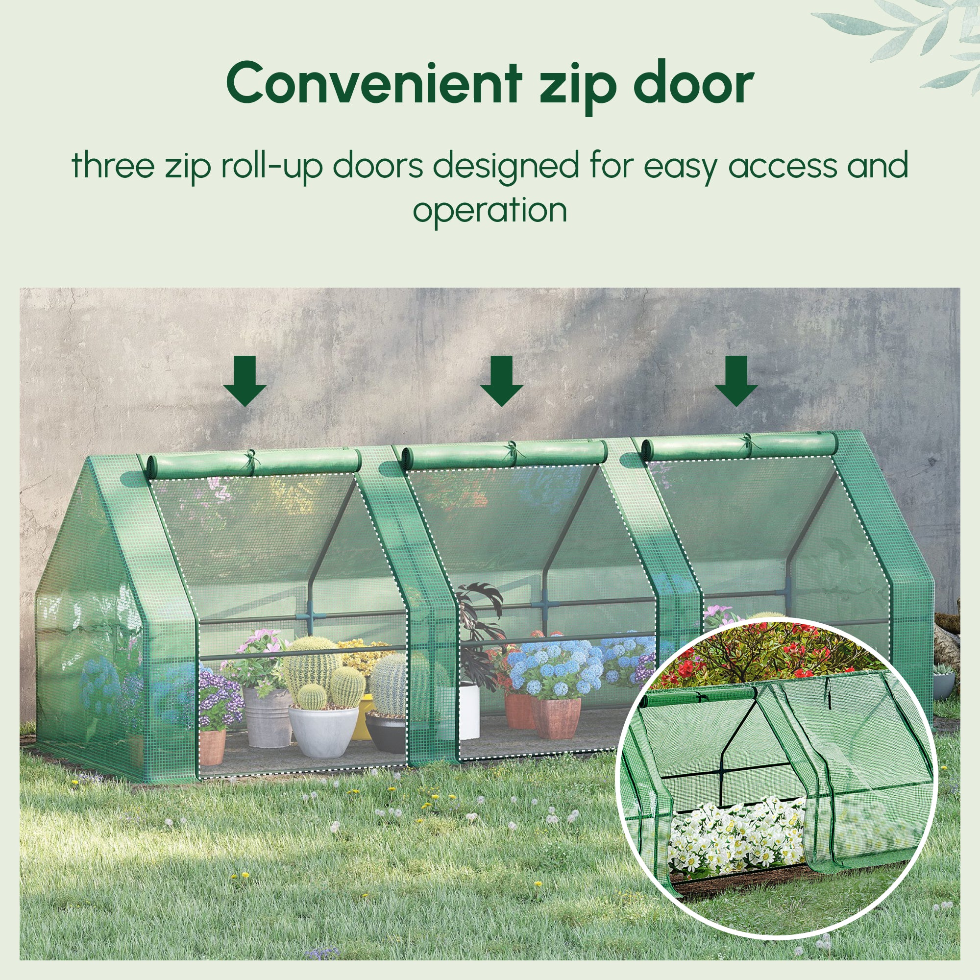 Outsunny Mini Small Greenhouse with Steel Frame & PE Cover & Zipped Window Poly tunnel Steeple for Plants Vegetables, 270 x 90 x 90 cm, Green - North Peak Garden Furniture
