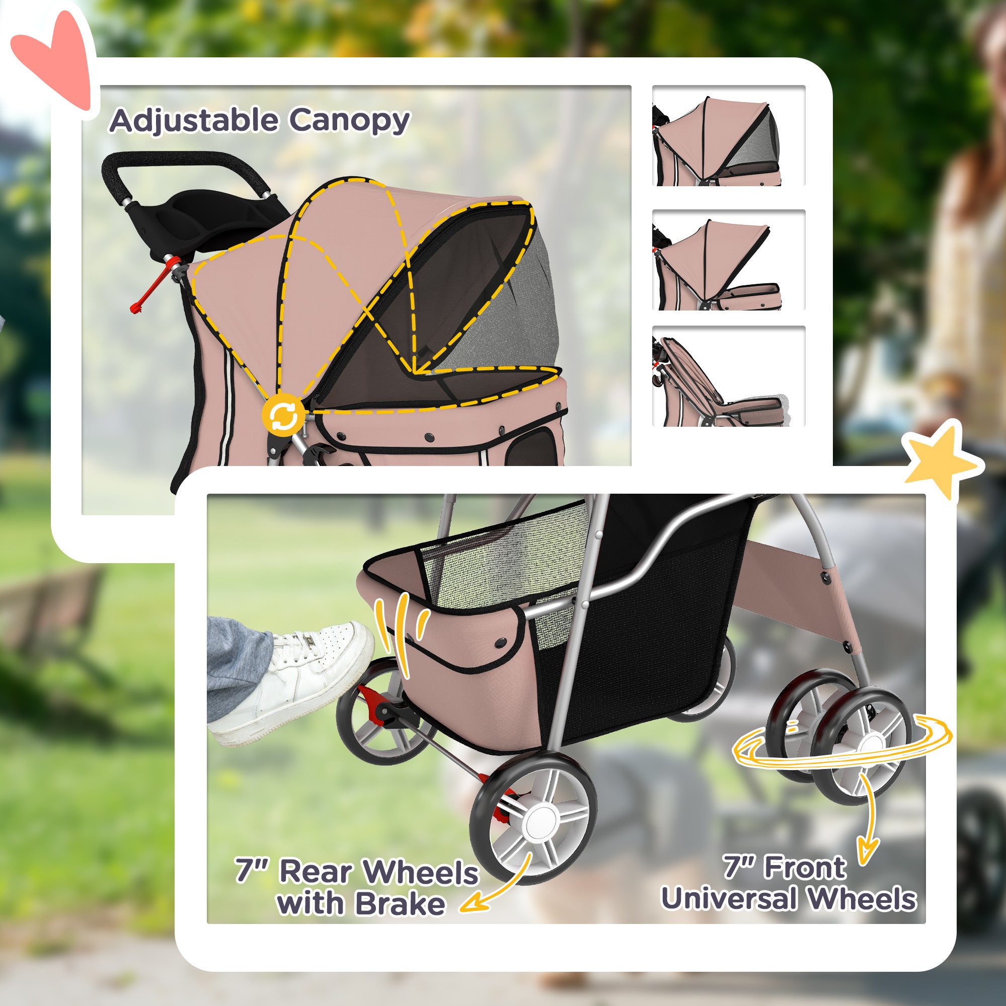PawHut Dog Pram, Pet Stroller with Reflective Strips, Foldable Cat Stroller with 360° Swivel Wheels, Brown