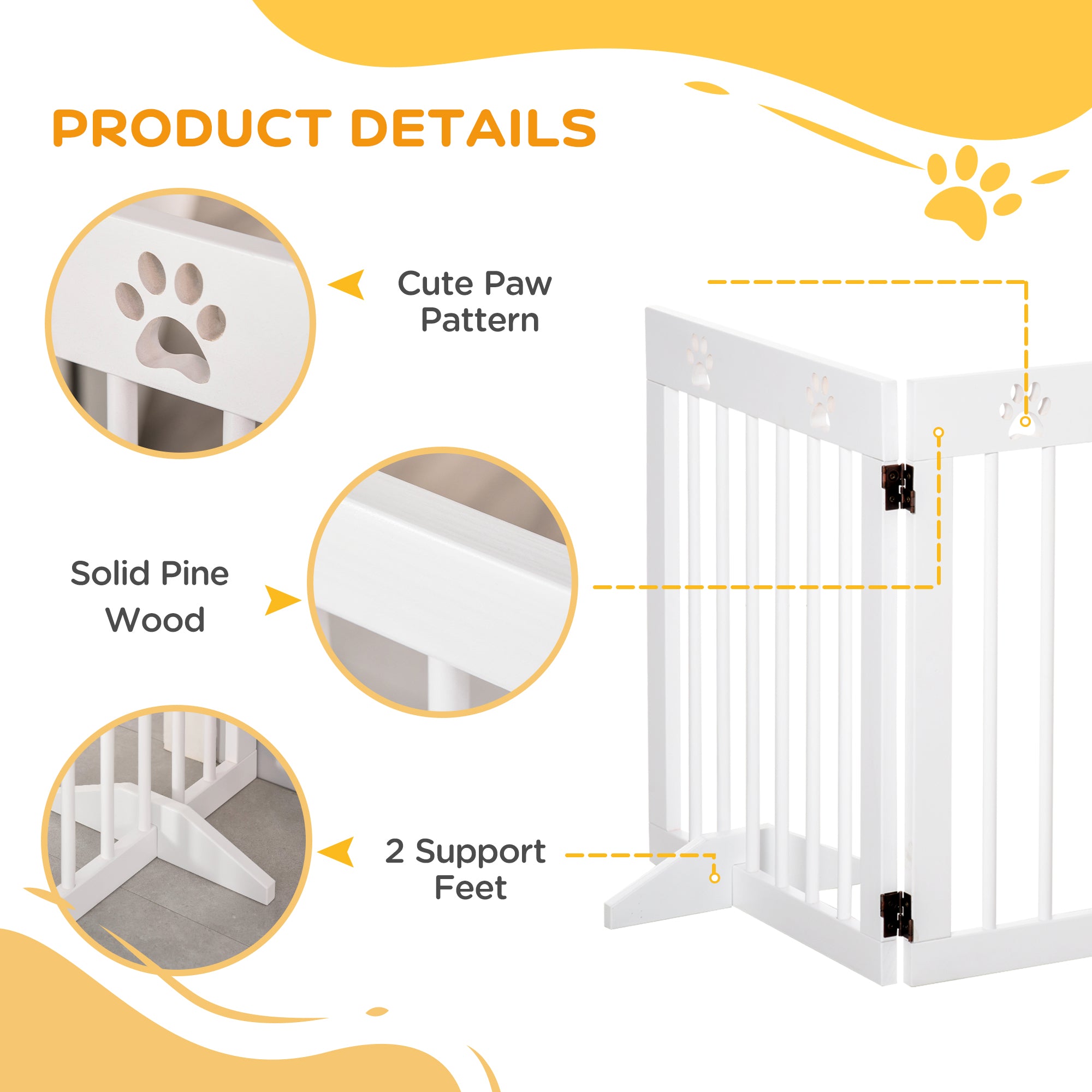 PawHut Freestanding Pet Gate 4 Panel Wooden Dog Barrier Folding Safety Fence with Support Feet up to 204cm Long 61cm Tall for Doorway Stairs White