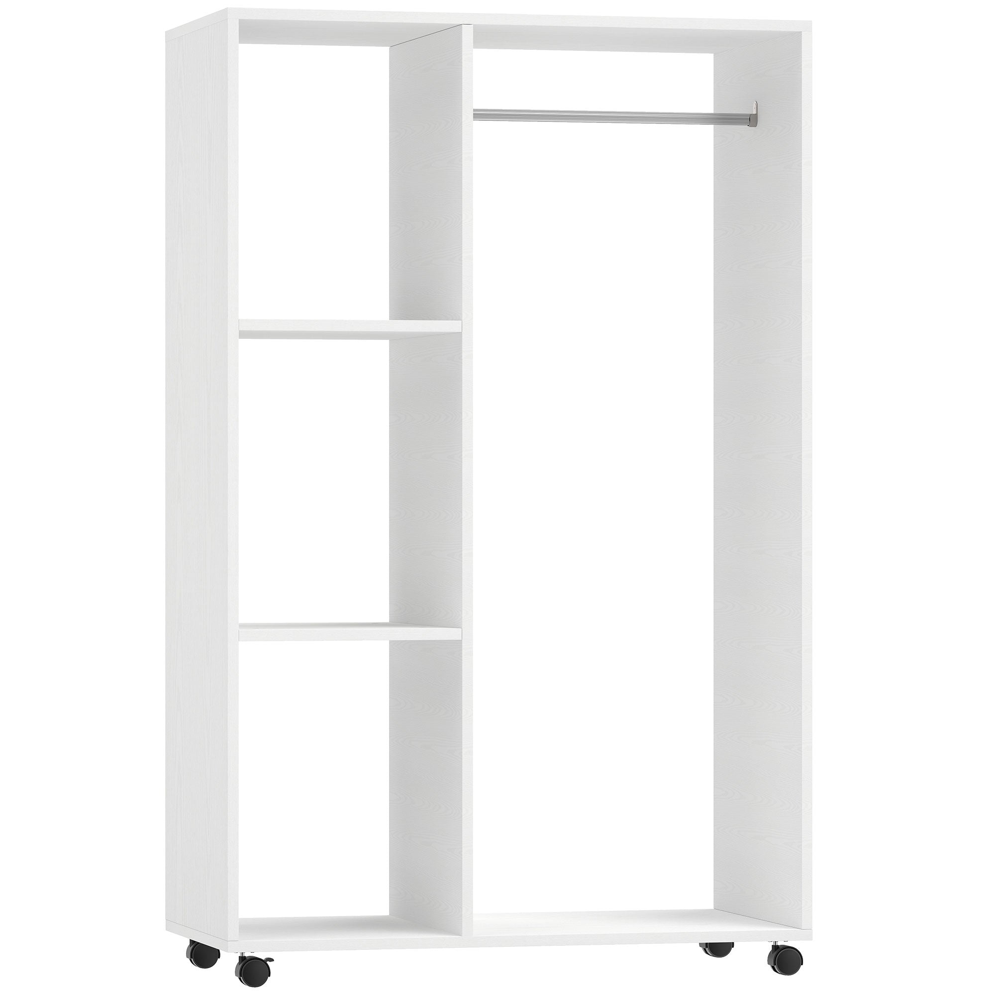 HOMCOM Open Wardrobe on Wheels with Clothes Rail, Bedroom Clothes Storage with Hanging Rod, 3 Storage Shelves, Mobile Garment Rack for Cloakroom, Hallway, White