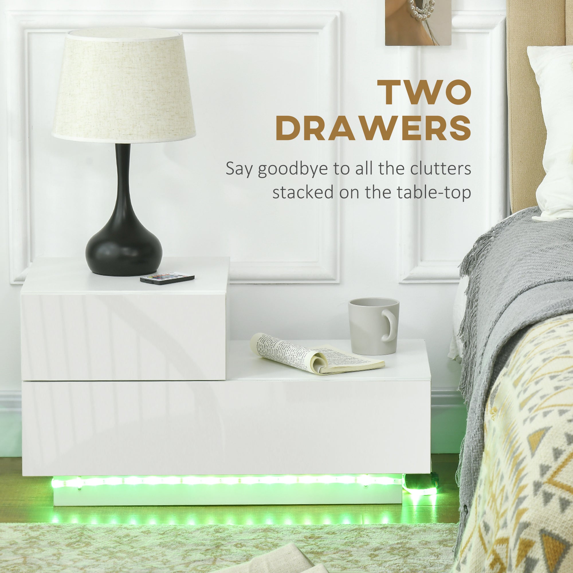 HOMCOM High Gloss Front Bedside Table with Drawers Nightstand with RGB LED Light and Remote for Bedroom Living Room White - North Peak Garden Furniture