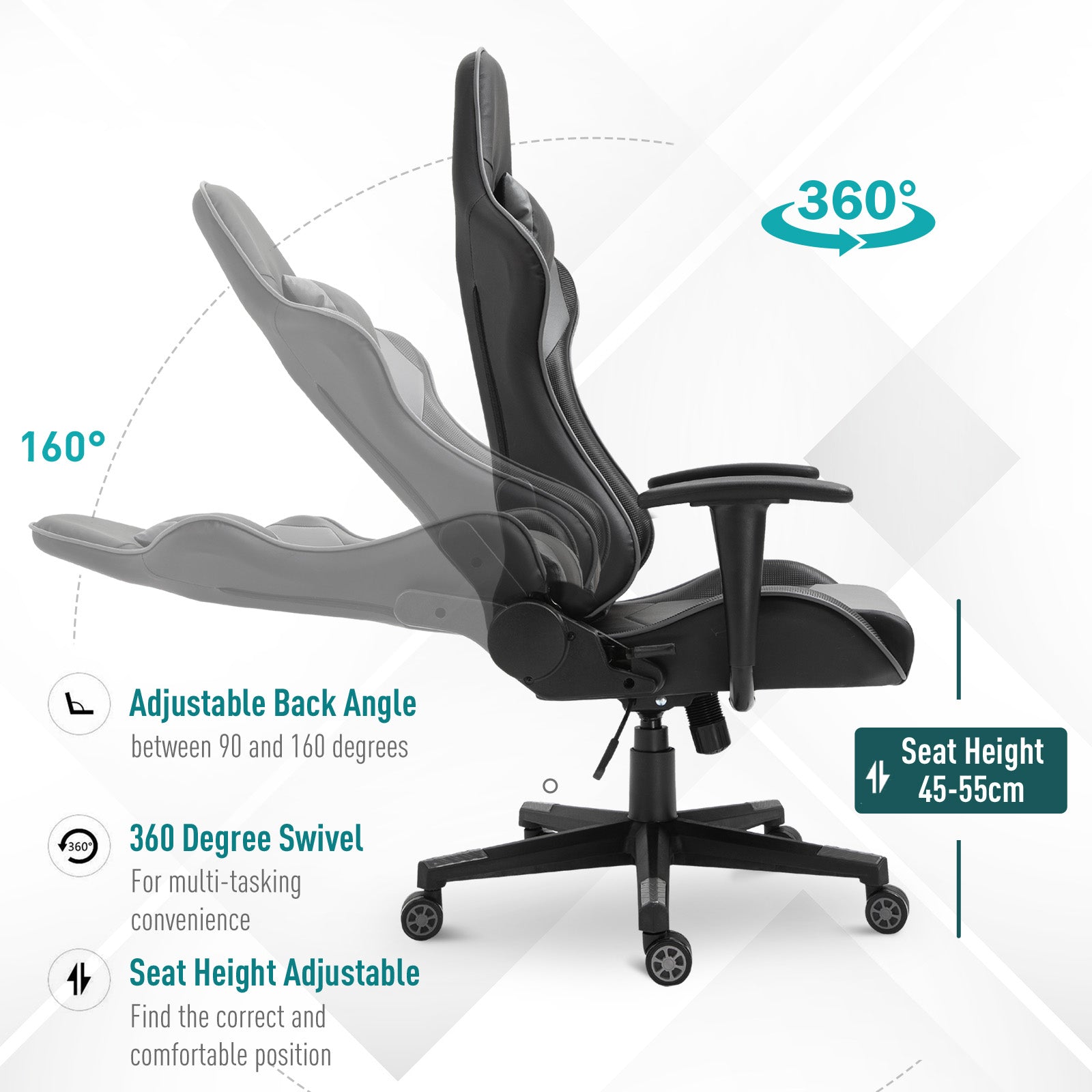 Vinsetto Gaming Chair, Computer Desk Chair, Racing Chair with Adjustable Height, Head Pillow and Lumbar Support for Adults, Black - North Peak Garden Furniture