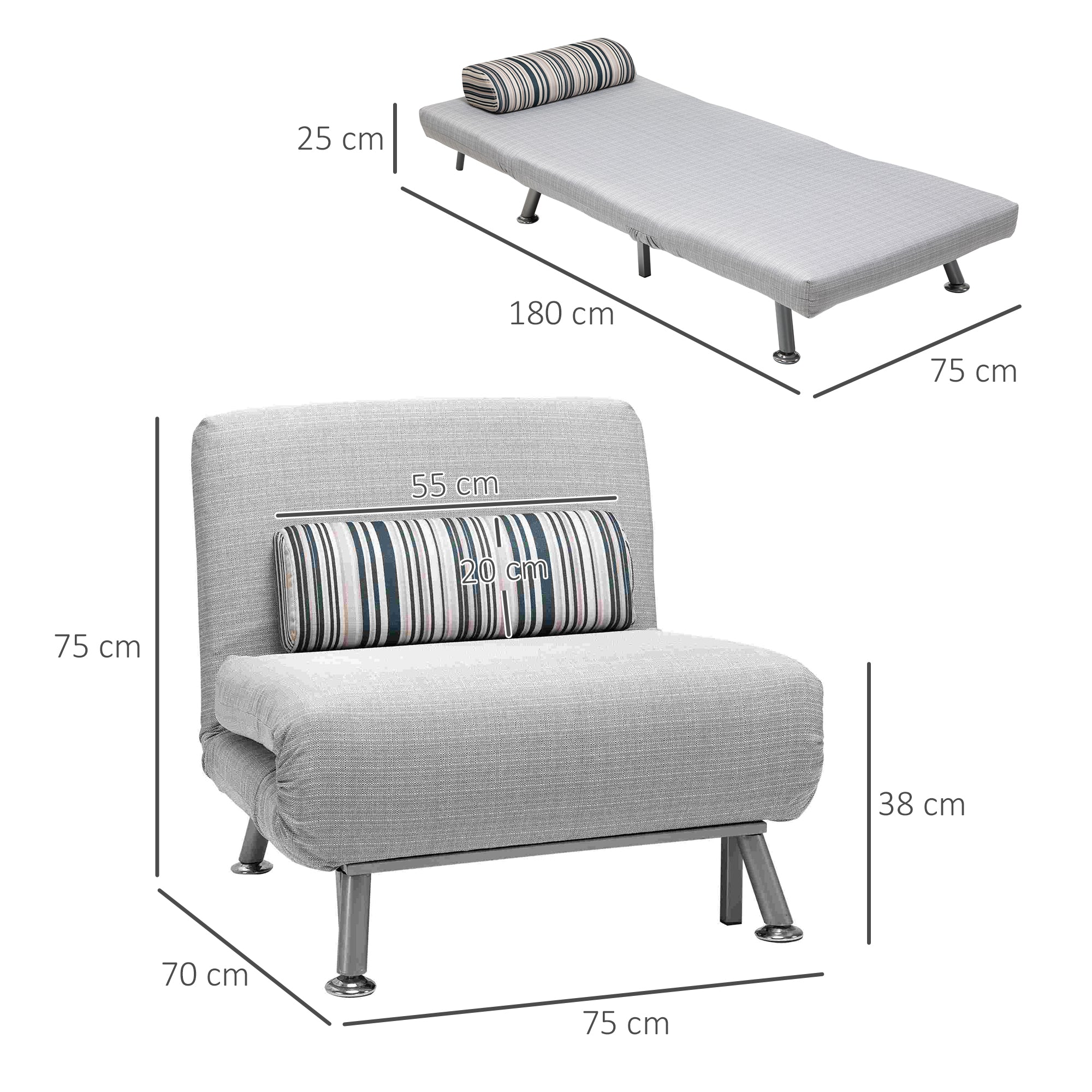 HOMCOM Single Sofa Bed, 1 Person Sleeper Foldable Lounge with Pillow, Grey - North Peak Garden Furniture