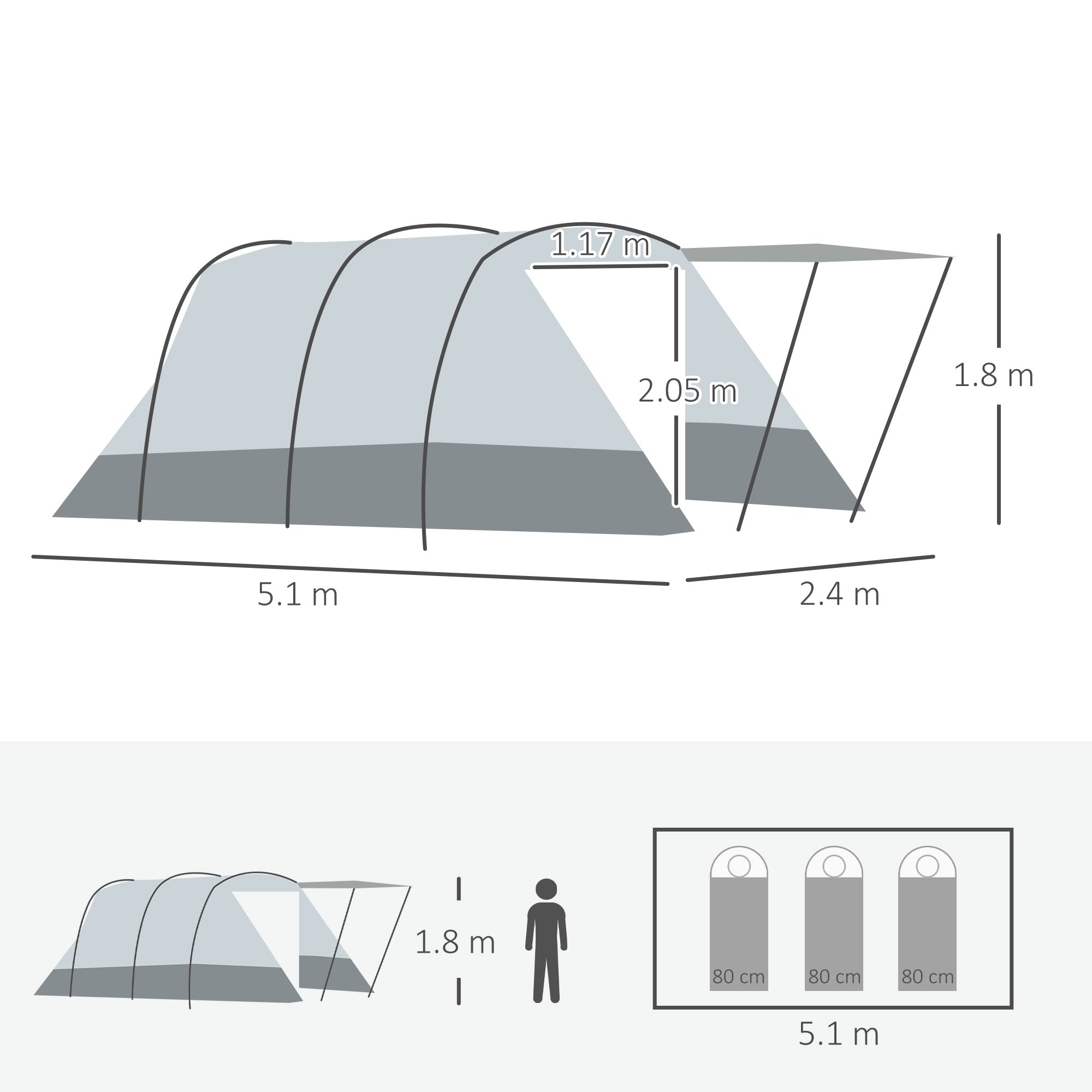 Outsunny 6-8 Person Tunnel Tent, Camping Tent with Bedroom, Living Room, Sewn-in Floor, 3 Doors and Carry Bag, 2000mm Water Column for Fishing, Hiking, Sports, and Traveling, Grey - North Peak Garden Furniture
