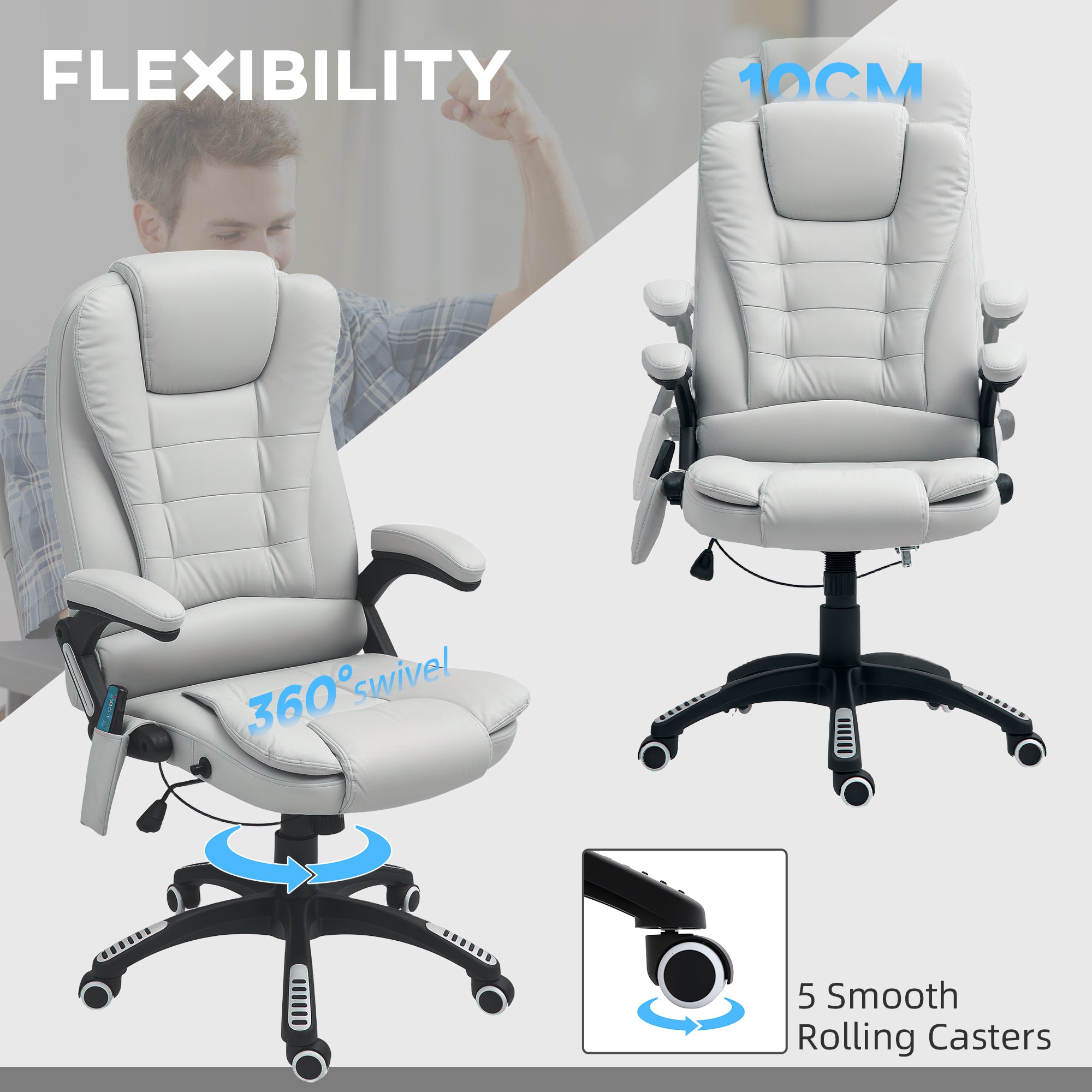 HOMCOM Executive Office Chair with Massage and Heat, High Back PU Leather Massage Office Chair with Adjustable Height, Light Grey - North Peak Garden Furniture