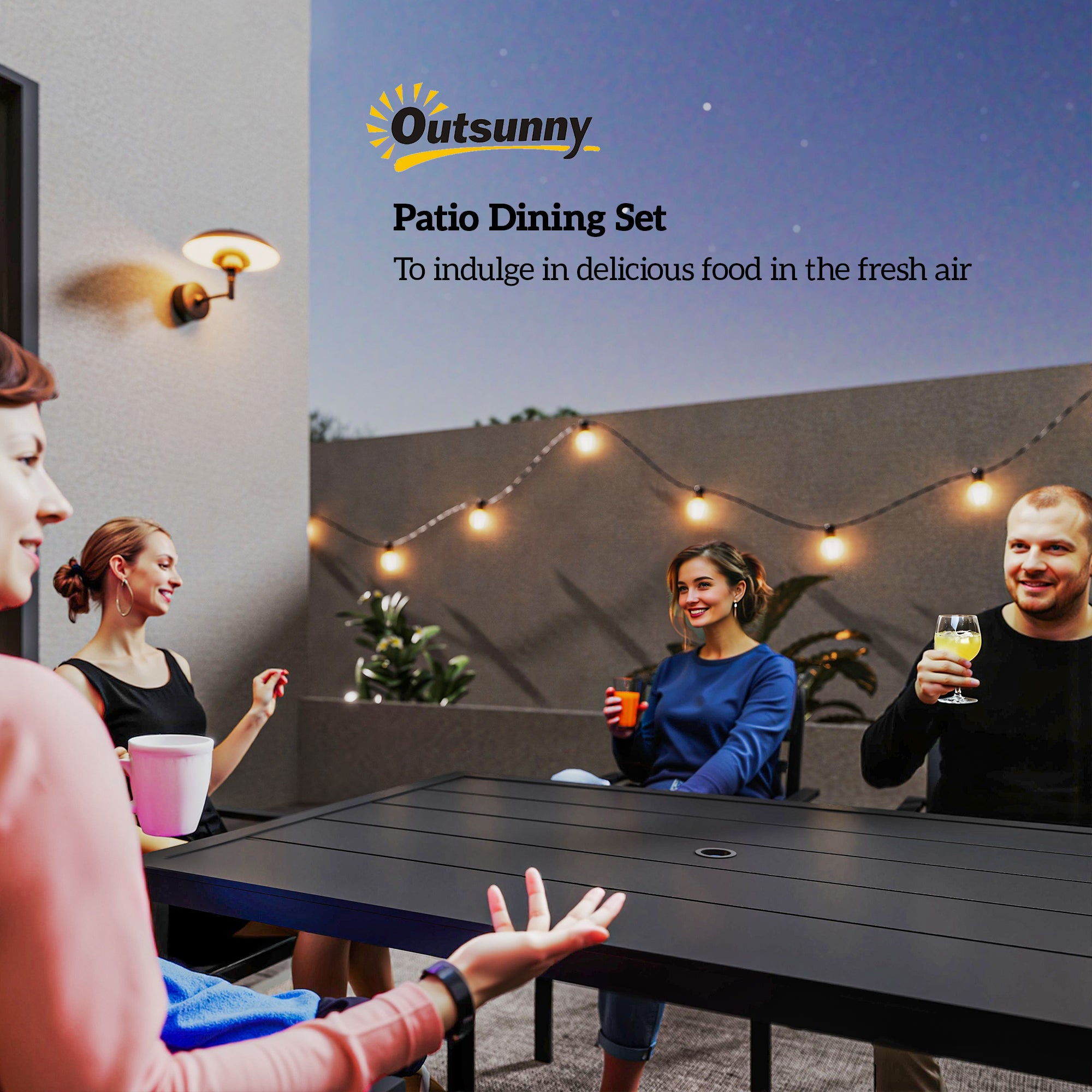 Outsunny Seven-Piece Minimal Metal Garden Dining Set, with Parasol Hole - Black - North Peak Garden Furniture