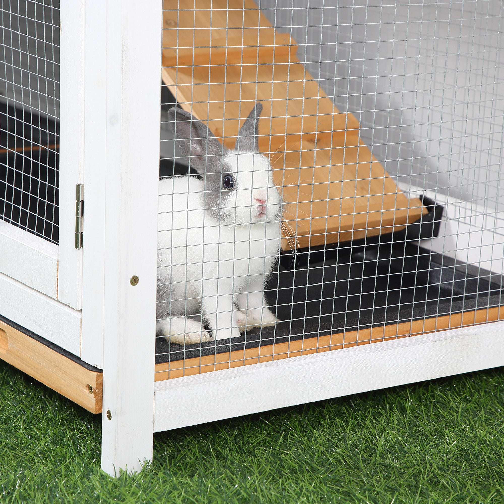 PawHut Rabbit Hutch Guinea Pig Hutch Wooden House with Run, 2 Tier Pet Cage Outdoor with No-leak Plastic Trays, 157.4 x 53 x 93.5cm, Yellow - North Peak Garden Furniture