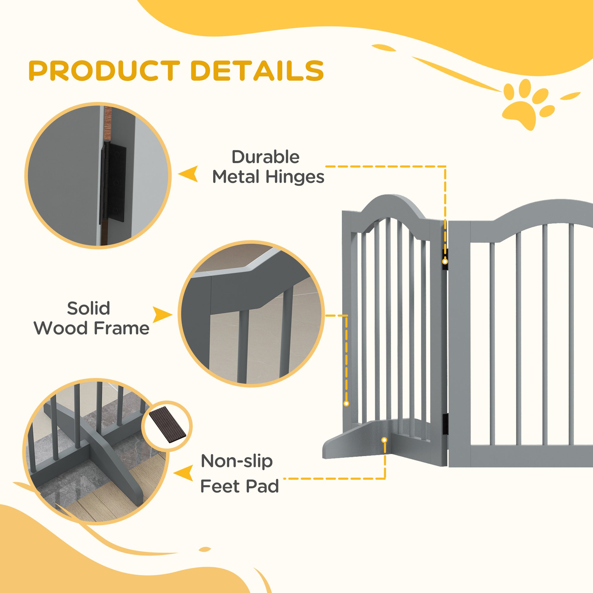 PawHut 3 Panels Dog Gate w/ Support Feet Fence Safety Barrier Freestanding Wood Light Grey - North Peak Garden Furniture