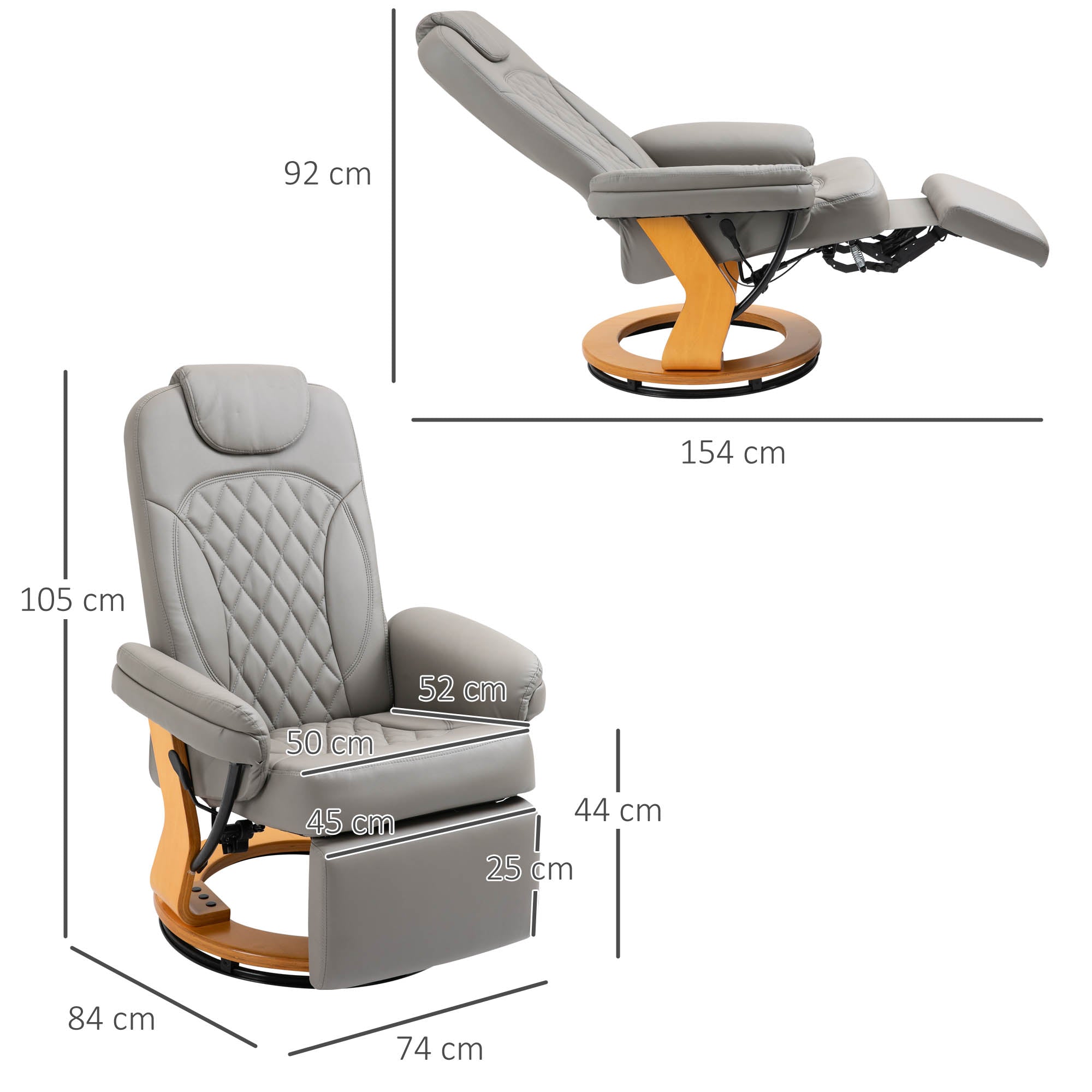 HOMCOM PU Recliner Chair with Footrest, Headrest, Round Wooden Base, Lounge Reading Armchair for Living Room, Bedroom and Office, Grey - North Peak Garden Furniture