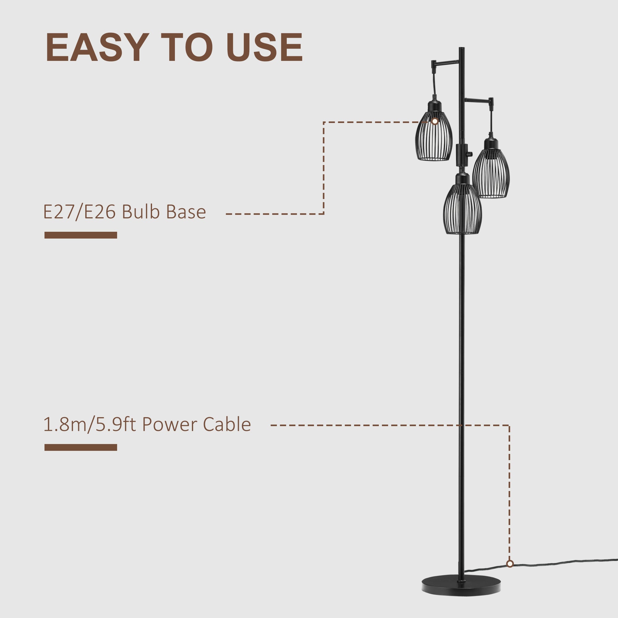 HOMCOM 170cm Industrial 3-Light Floor Lamp, Dimmable Standing Lamp with Steel Lampshades for Living Room, Bedroom, Dinging Room, Study, Black