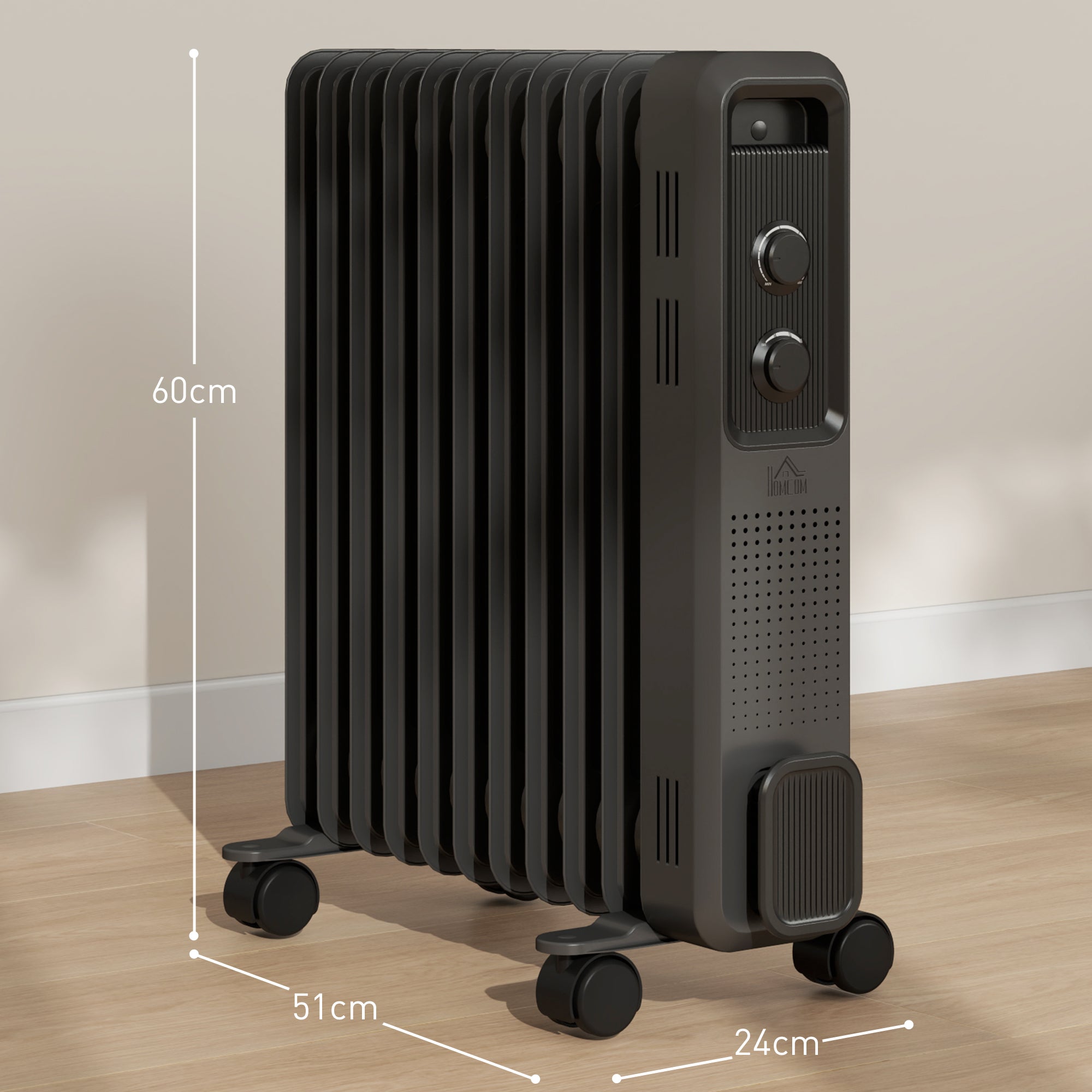 HOMCOM 2500W Oil Filled Radiator, 11 Fin, Portable Electric Heater with 3 Heat Settings, Safety Cut-Off and Wheels, Grey - North Peak Garden Furniture