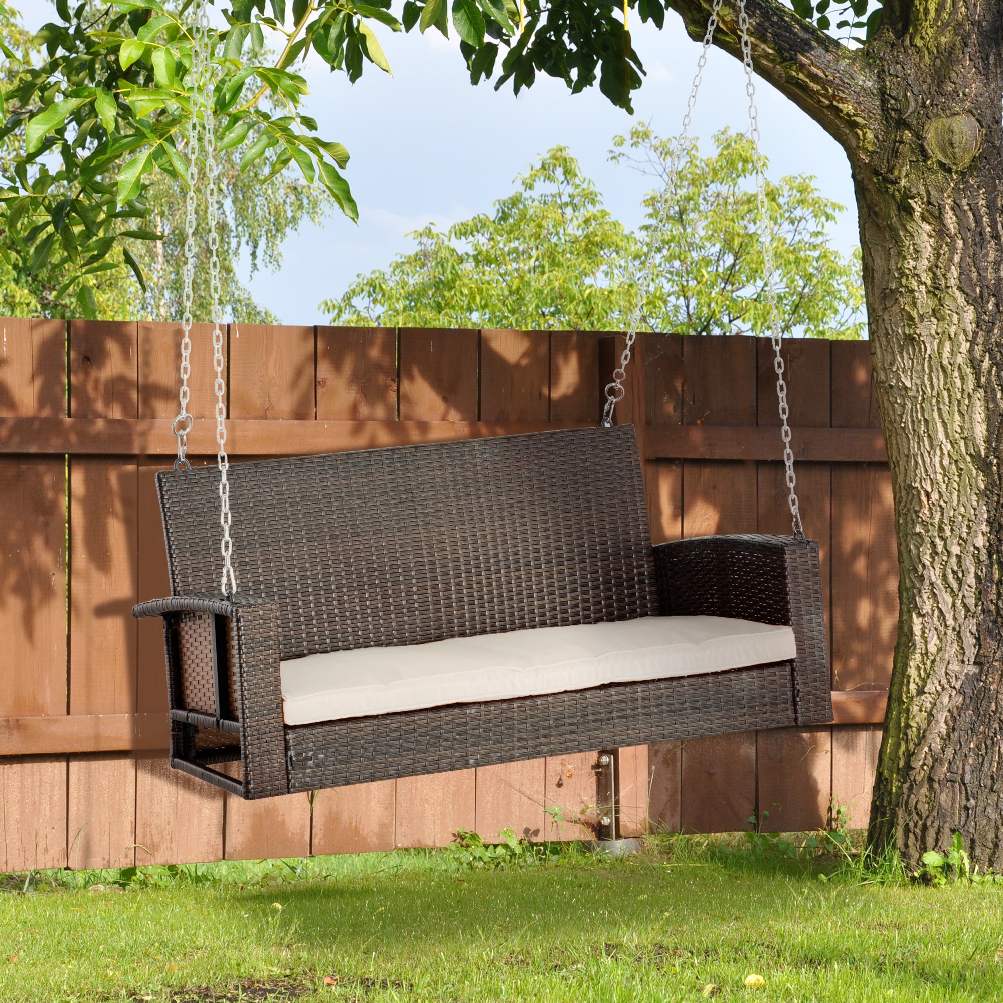 Outsunny 2-Person Wicker Hanging Loveseat, Rattan Porch Swing Bench, Outdoor Chair with Cushions, Cream White - North Peak Garden Furniture